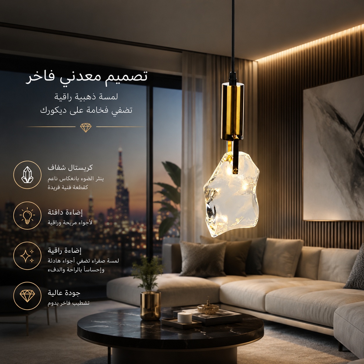 ثريا علاقي مودرن بتصميم فاخر مزينة بأحجار كريستال شفافة مع إضاءة صفراء دافئة، تضفي لمسة من الفخامة والرقي على المجالس والصالات وغرف الطعام والمداخل، وتنسجم مع الديكورات الحديثة والكلاسيكية.