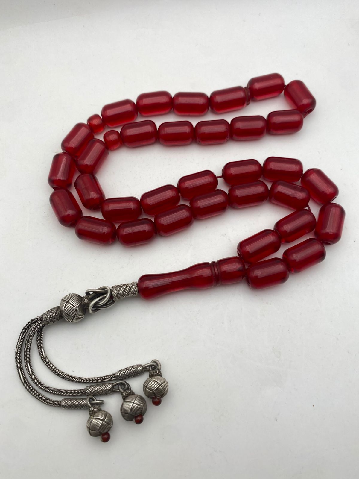 Luxury Ruby Red Vintage Faturan Bakelite Misbaha with Barrel Beads