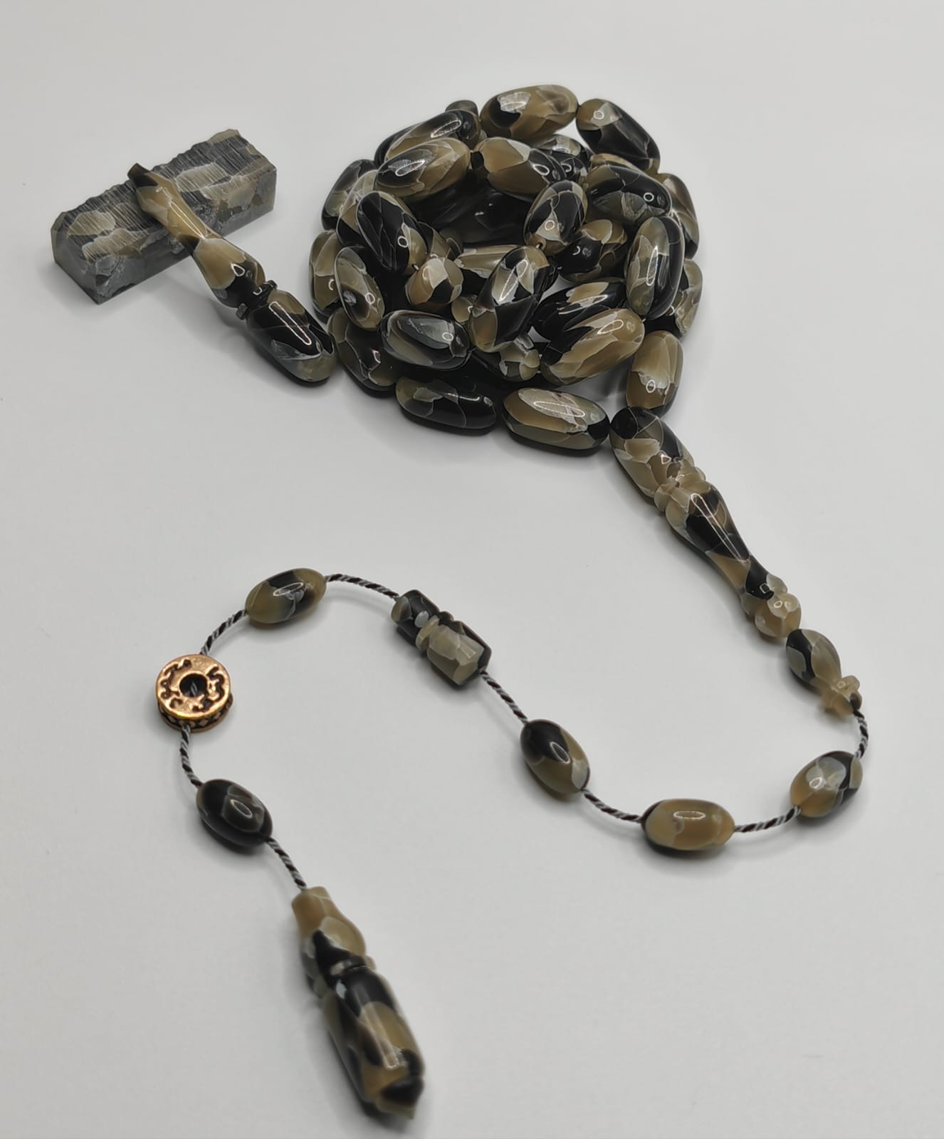 Luxury Black Gray French Rod Qalayeith Misbaha with Pine Shape Beads by Mahmoud Al Turki Pascal