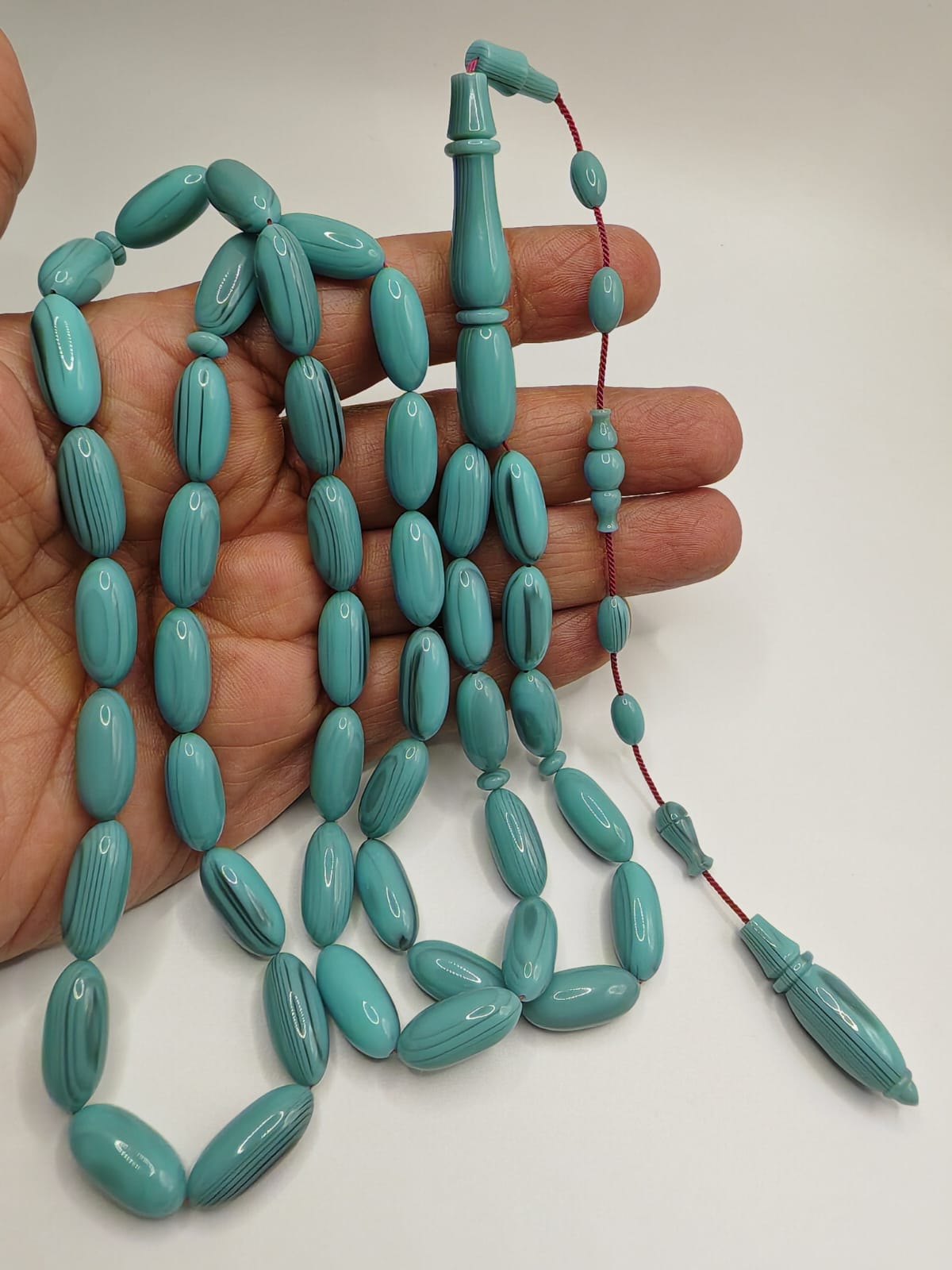 Luxury Turquoise Marbled Tiffany Rod Bakelite Misbaha with Pine Shape Beads Crafted by Al Arrab