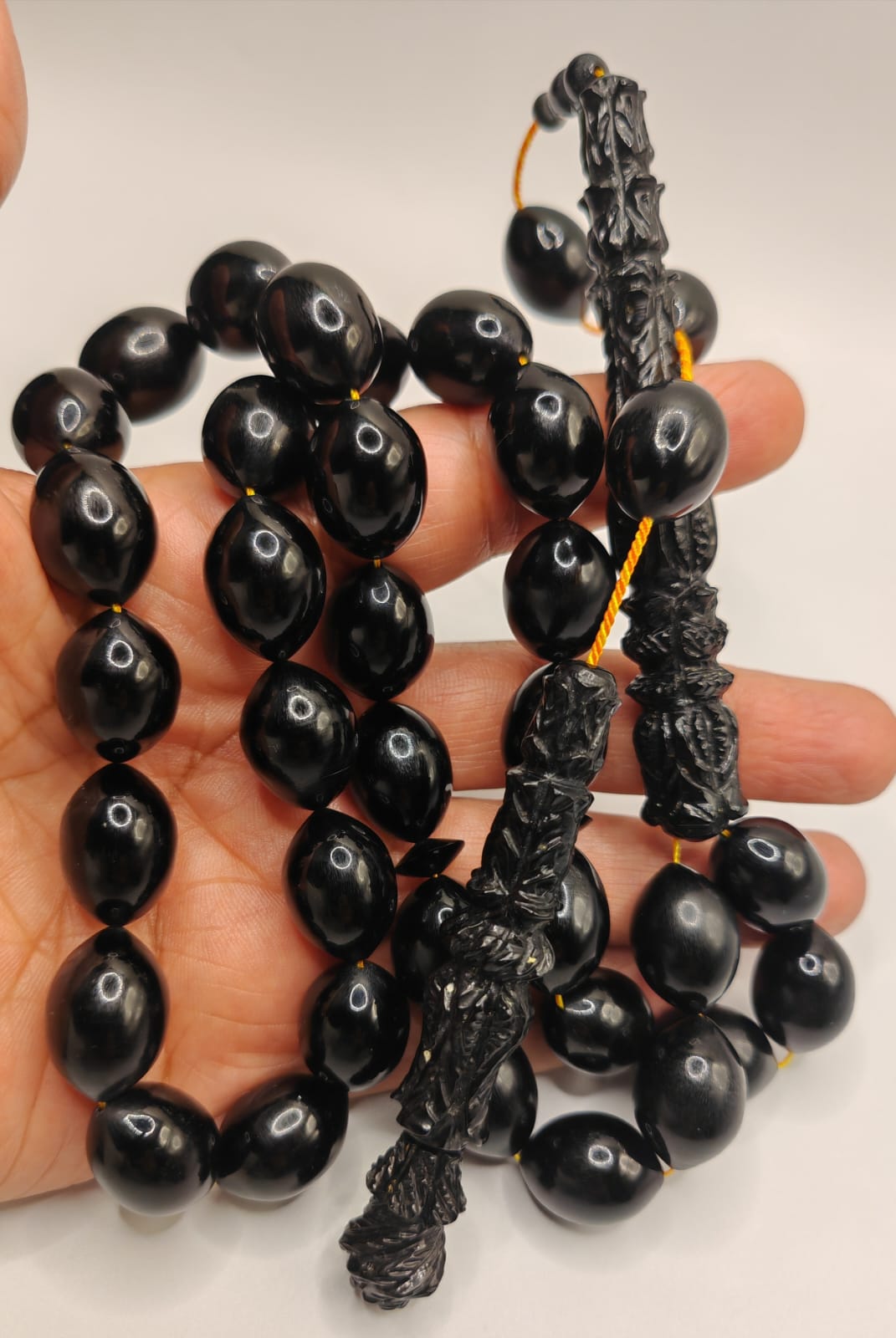 Luxury Partially Carved Black Catalin Misbaha with Olive Shape Beads Turkish Crafted