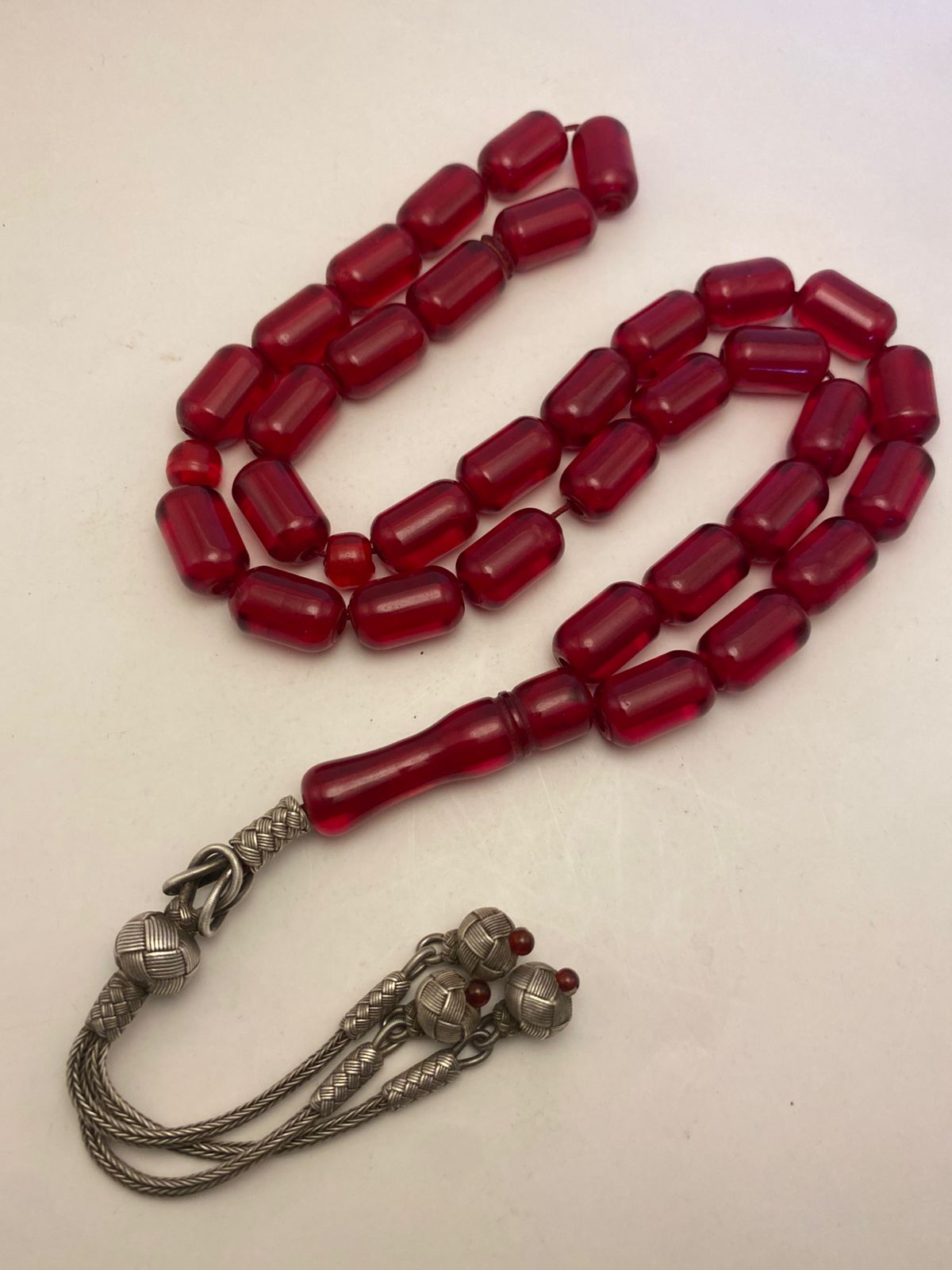 Luxury Ruby Red Vintage Faturan Bakelite Misbaha with Barrel Beads
