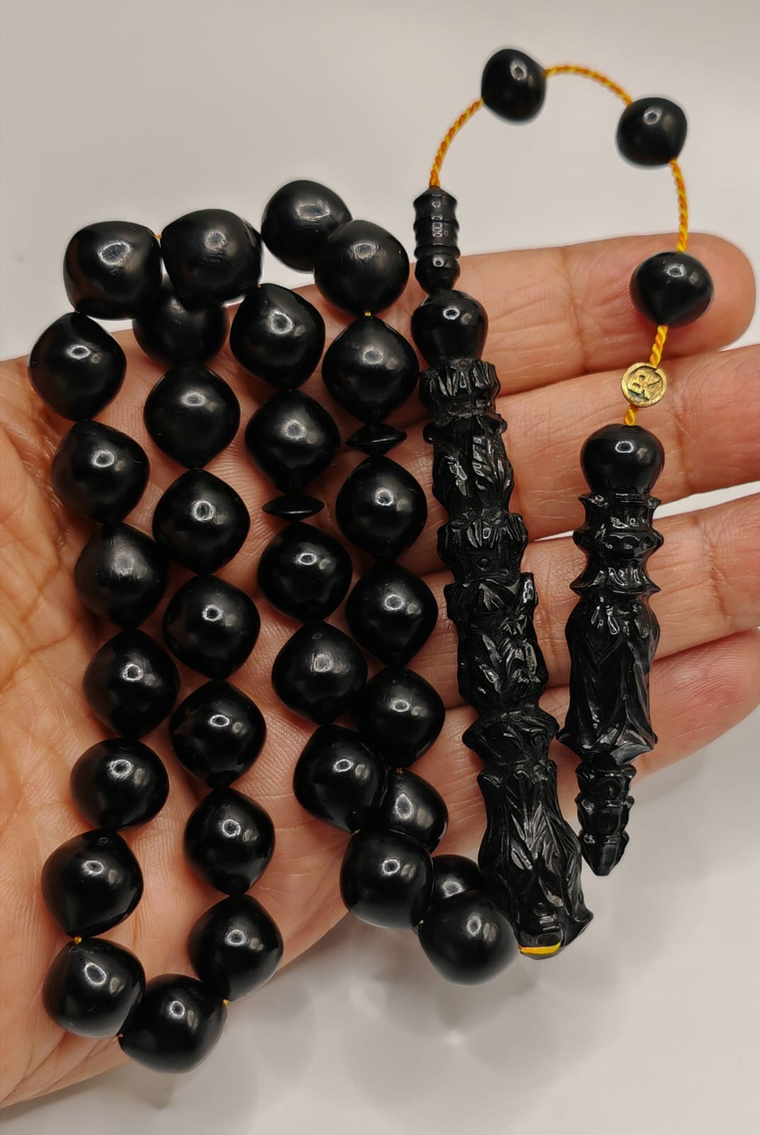 Luxury Partially Carved Black Catalin Misbaha with Istanbul Shape Beads Turkish Crafted