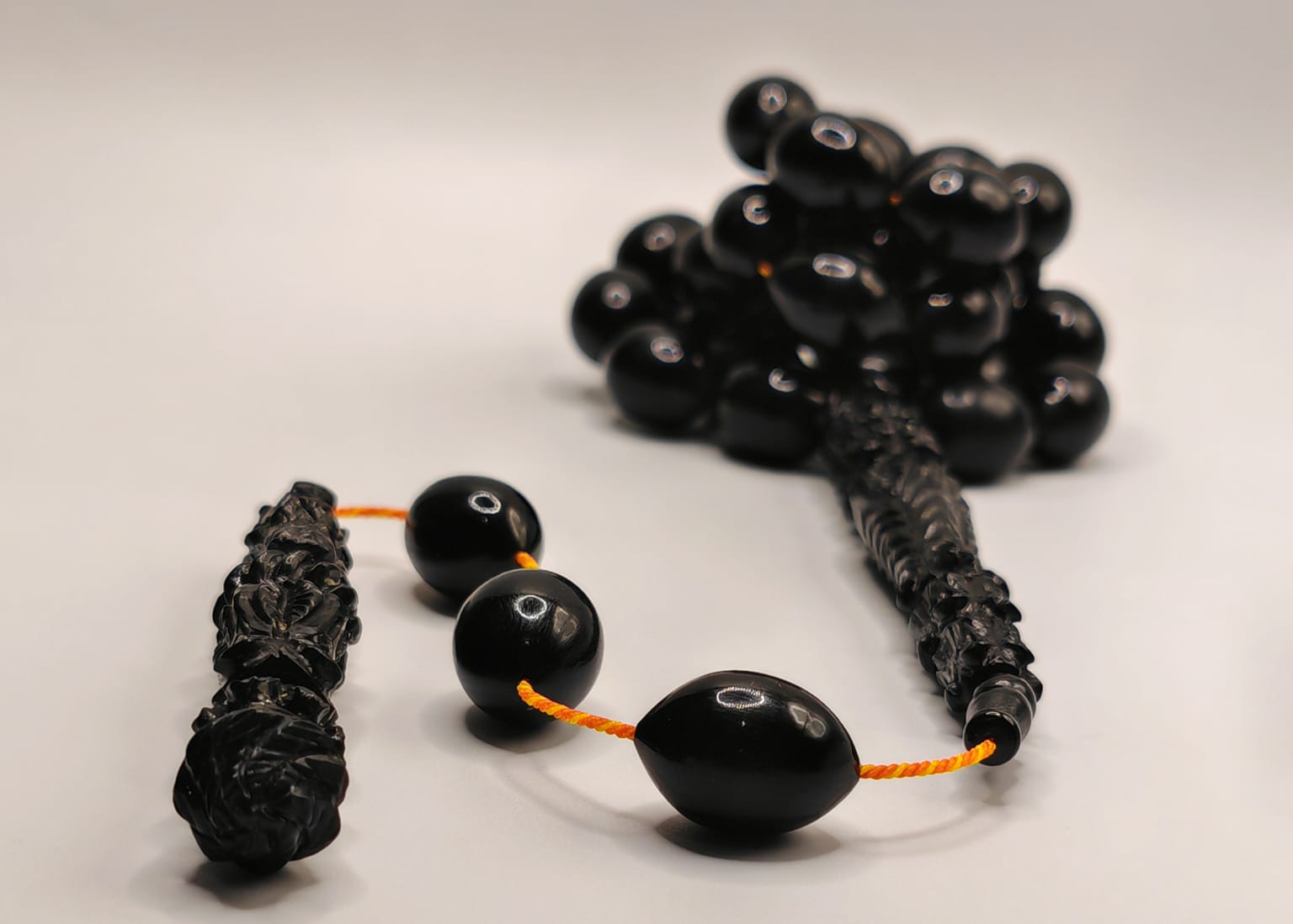 Luxury Partially Carved Black Catalin Misbaha with Olive Shape Beads Turkish Crafted