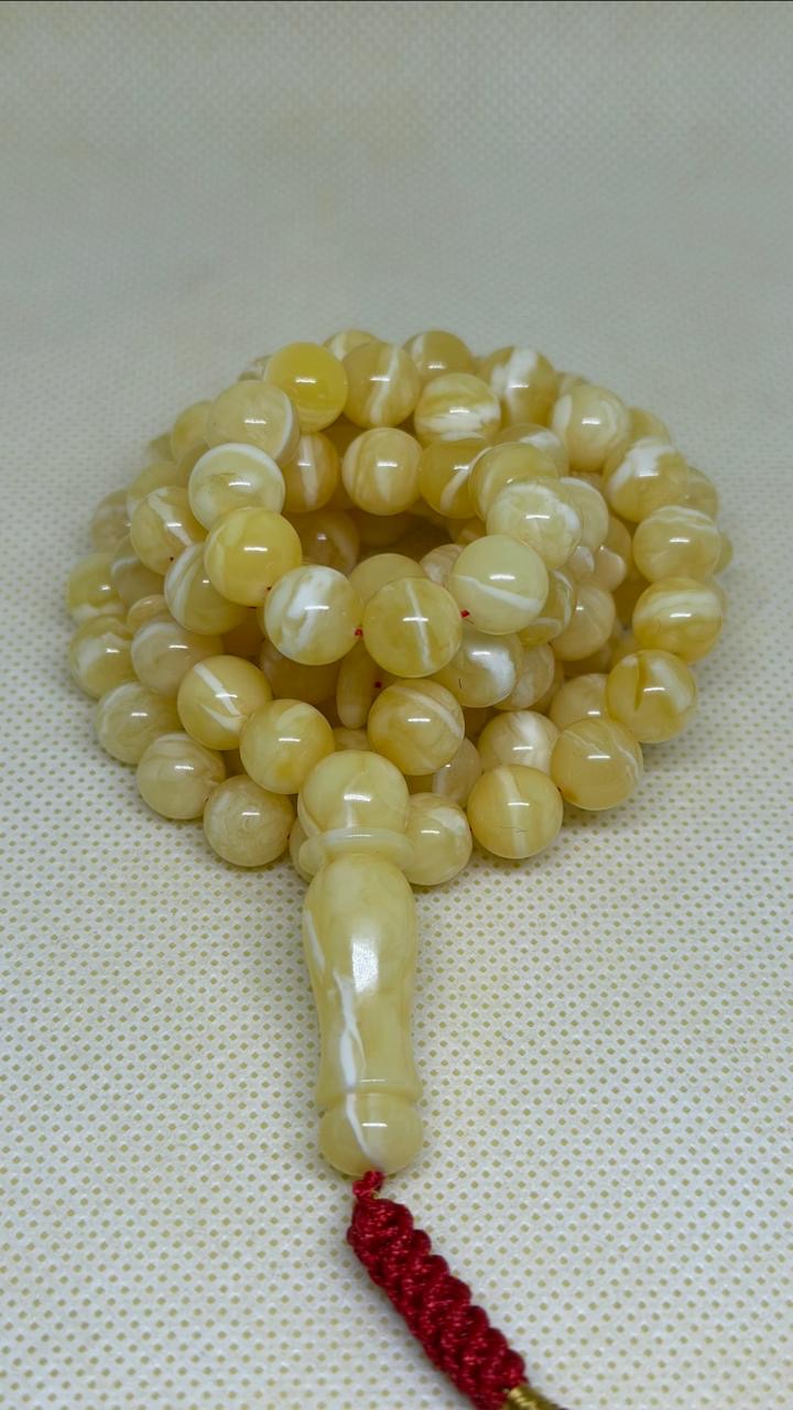 Luxury Ivory White Natural Amber Misbaha with Round Beads