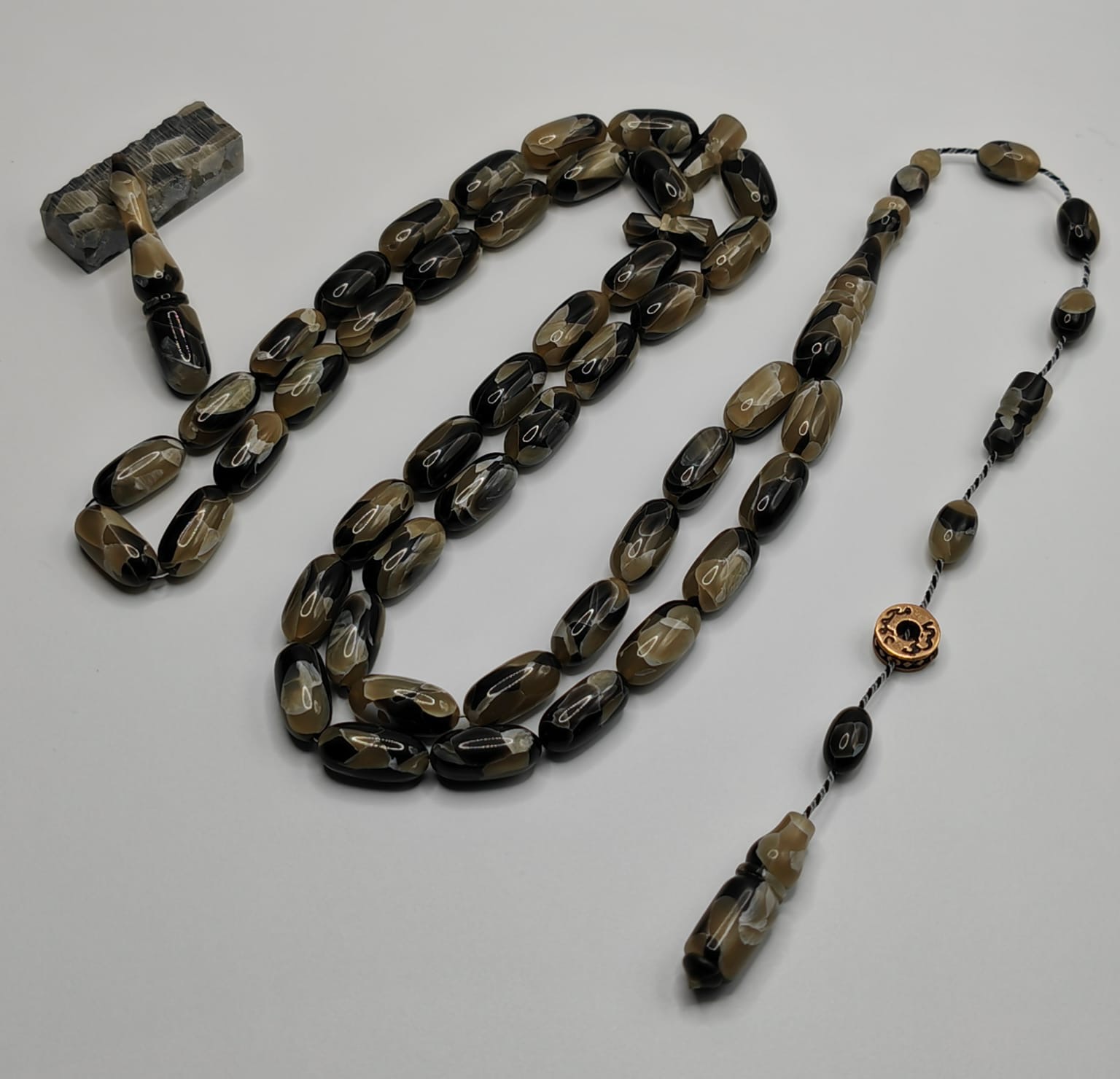 Luxury Black Gray French Rod Qalayeith Misbaha with Pine Shape Beads by Mahmoud Al Turki Pascal