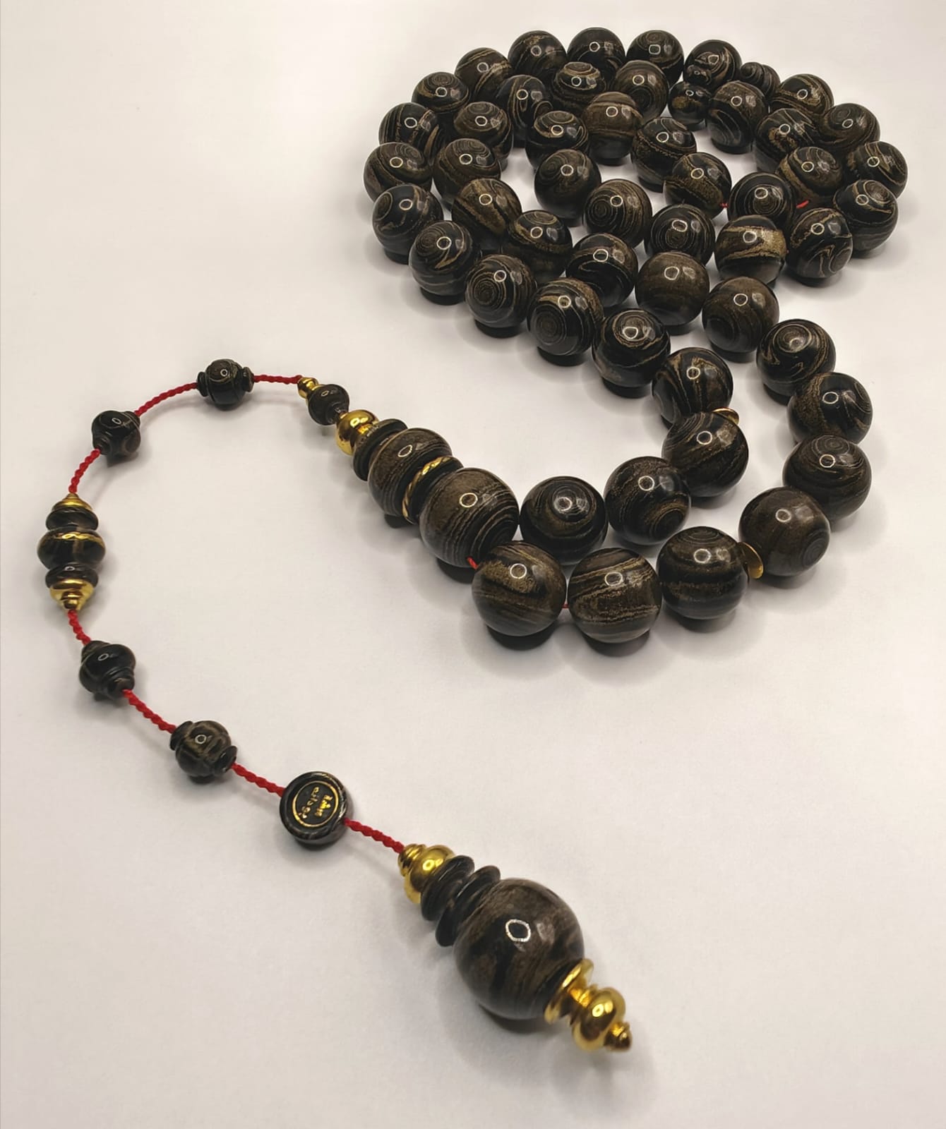 Luxury Black and Gray Marbled Vintage Qalayeith Misbaha with Full Eye Marbling and Copper Inlay