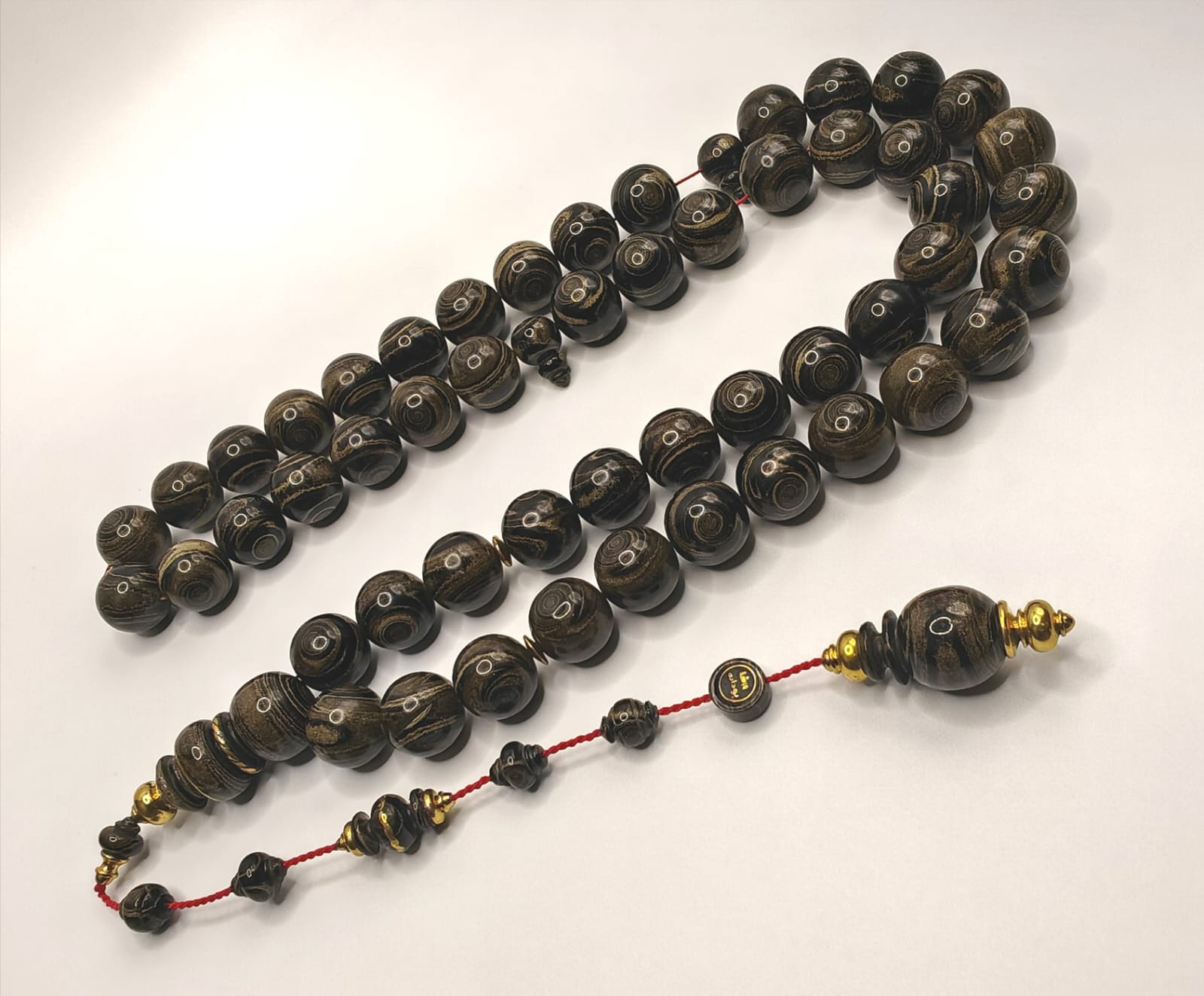 Luxury Black and Gray Marbled Vintage Qalayeith Misbaha with Full Eye Marbling and Copper Inlay