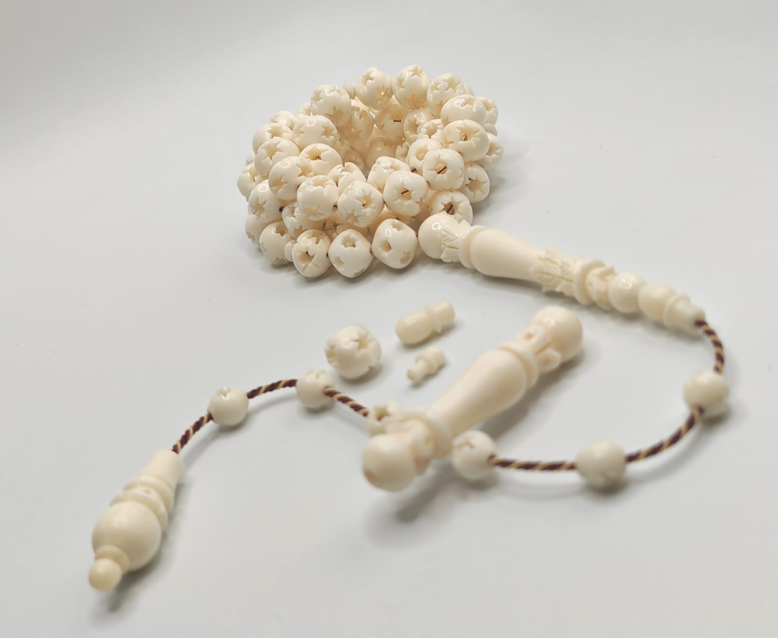 Luxury Natural Camel Bone Misbaha with Istanbul Beads Fully Carved and Engraved with Complete Accessories and Turkish Craftsmanship