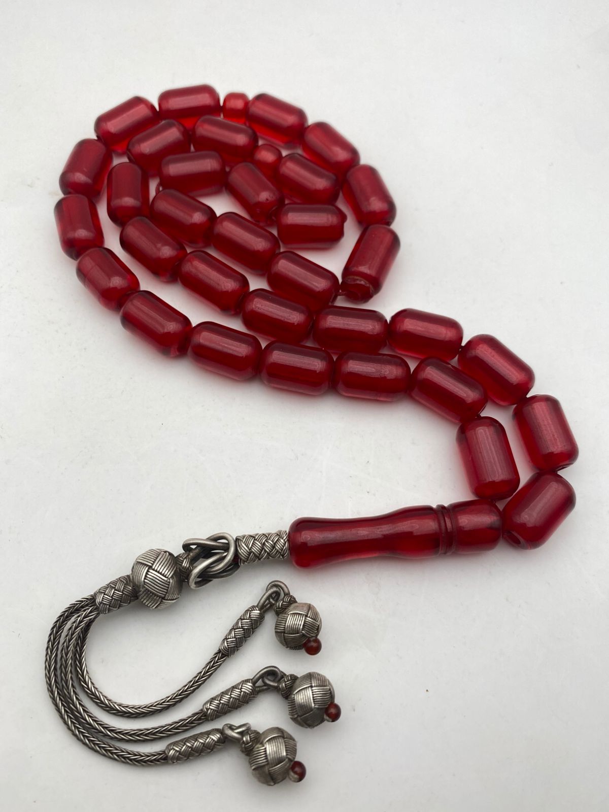 Luxury Ruby Red Vintage Faturan Bakelite Misbaha with Barrel Beads