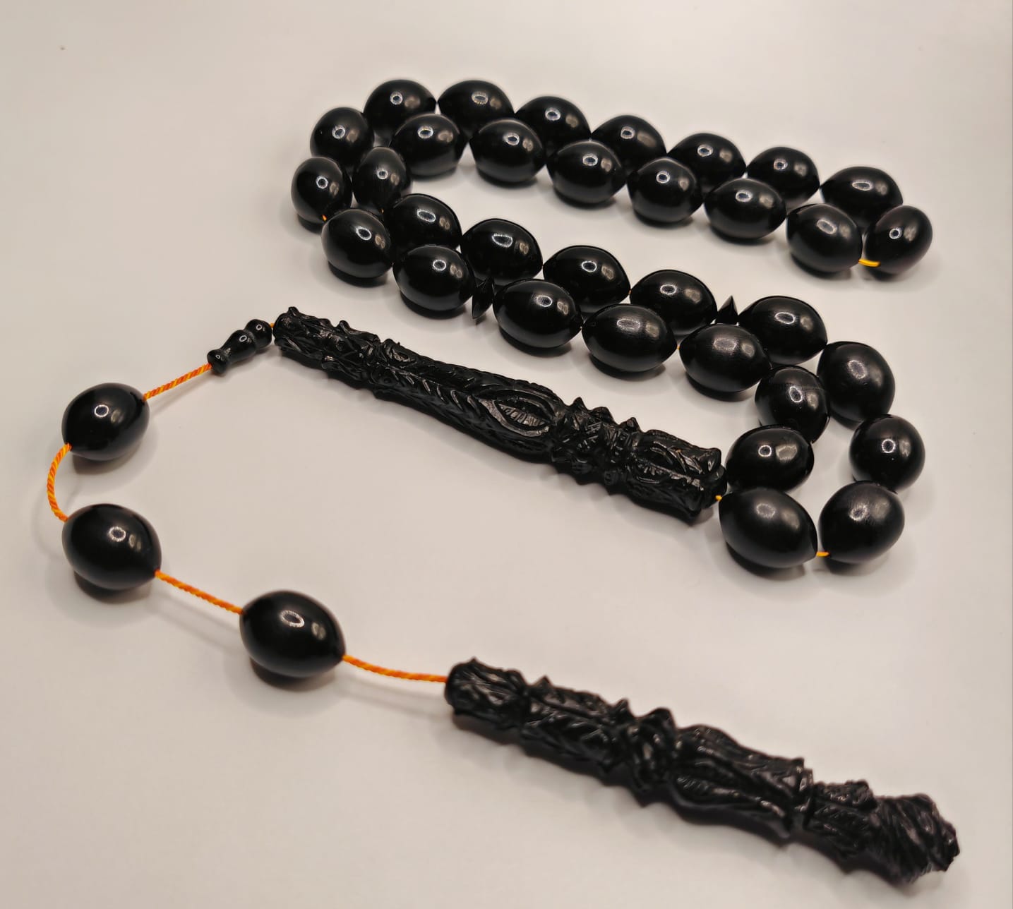 Luxury Partially Carved Black Catalin Misbaha with Olive Shape Beads Turkish Crafted