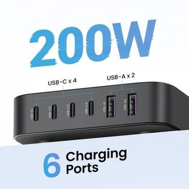 شاحن مكتبي يوجرين 4 منافذ PD وبمنفذين USB بتقنية GaN وبقوة 200 واط - رمادي