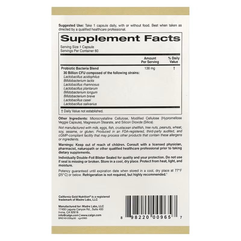  كبسولات بروبيوتيك ٣٠ مليار ٦٠ كبسولة نباتية California Gold Nutrition 