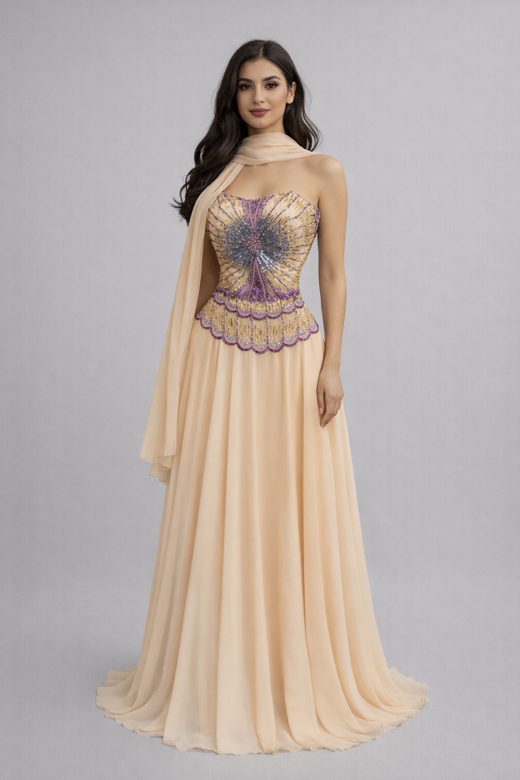  فستان سهره شيفون كلوش كلفه تطريز 