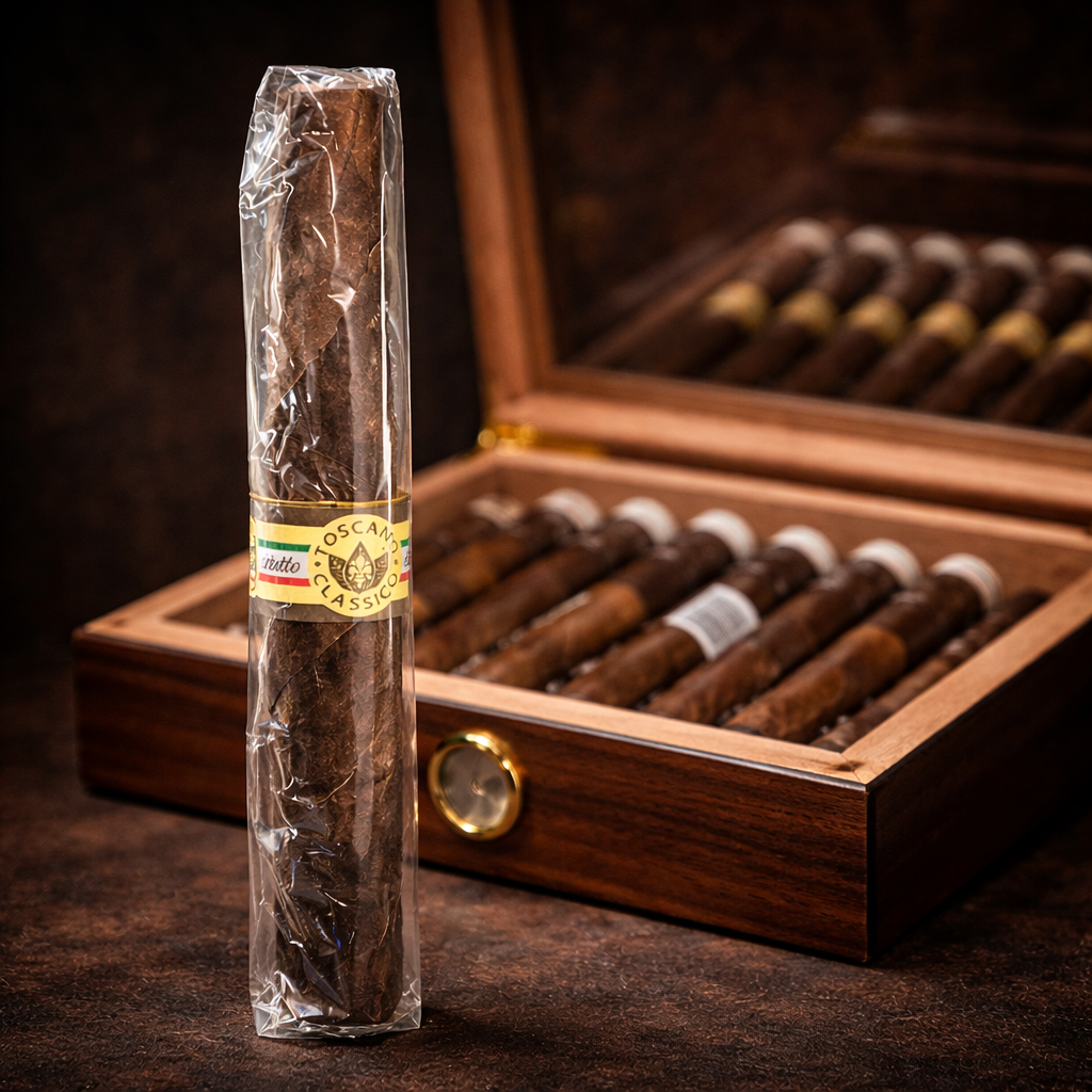 Authentic Toscano Classico cigar photographed with an elegant wooden humidor containing multiple Toscano cigars