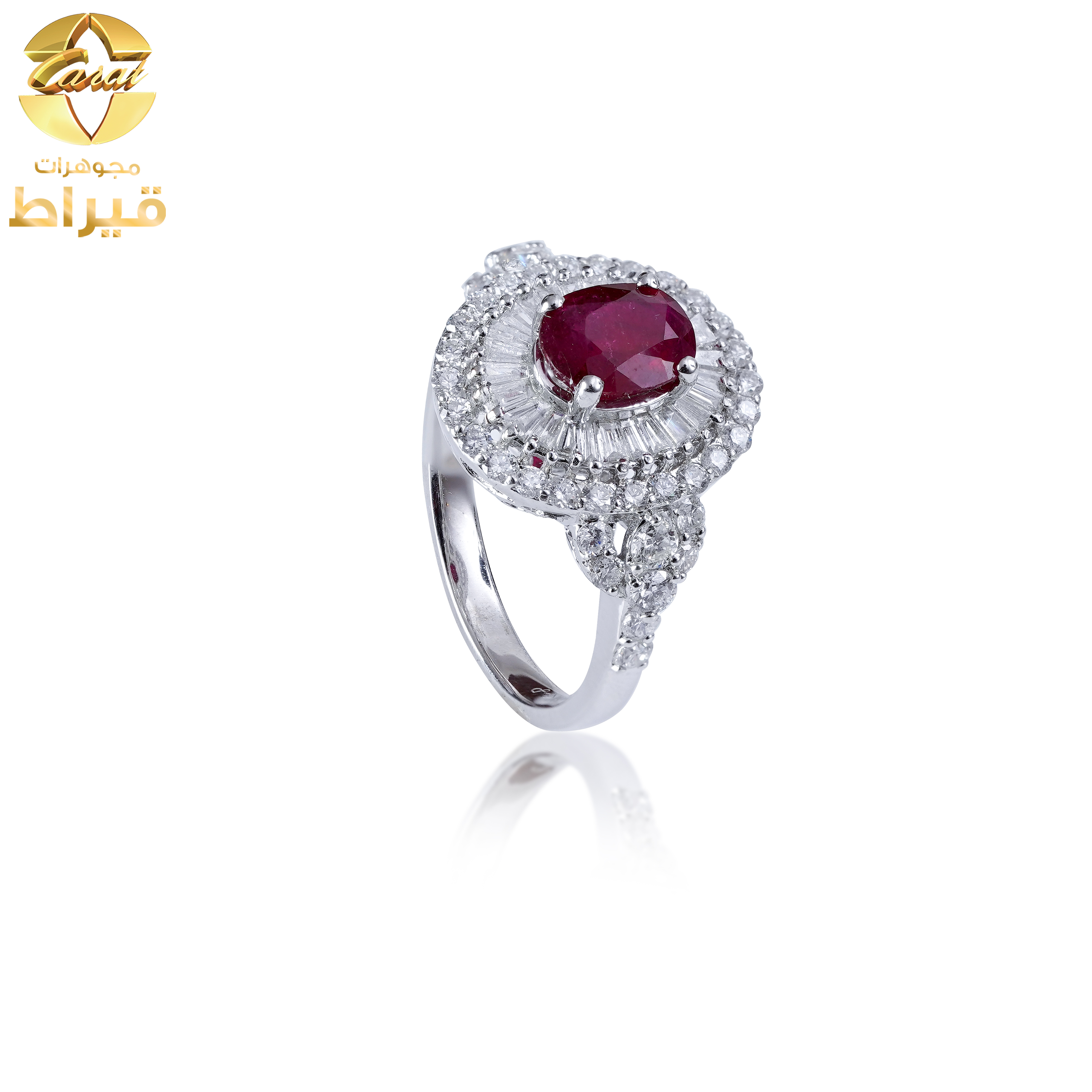 خاتم ذهب ابيض مع الماس و ياقوت عيار 18