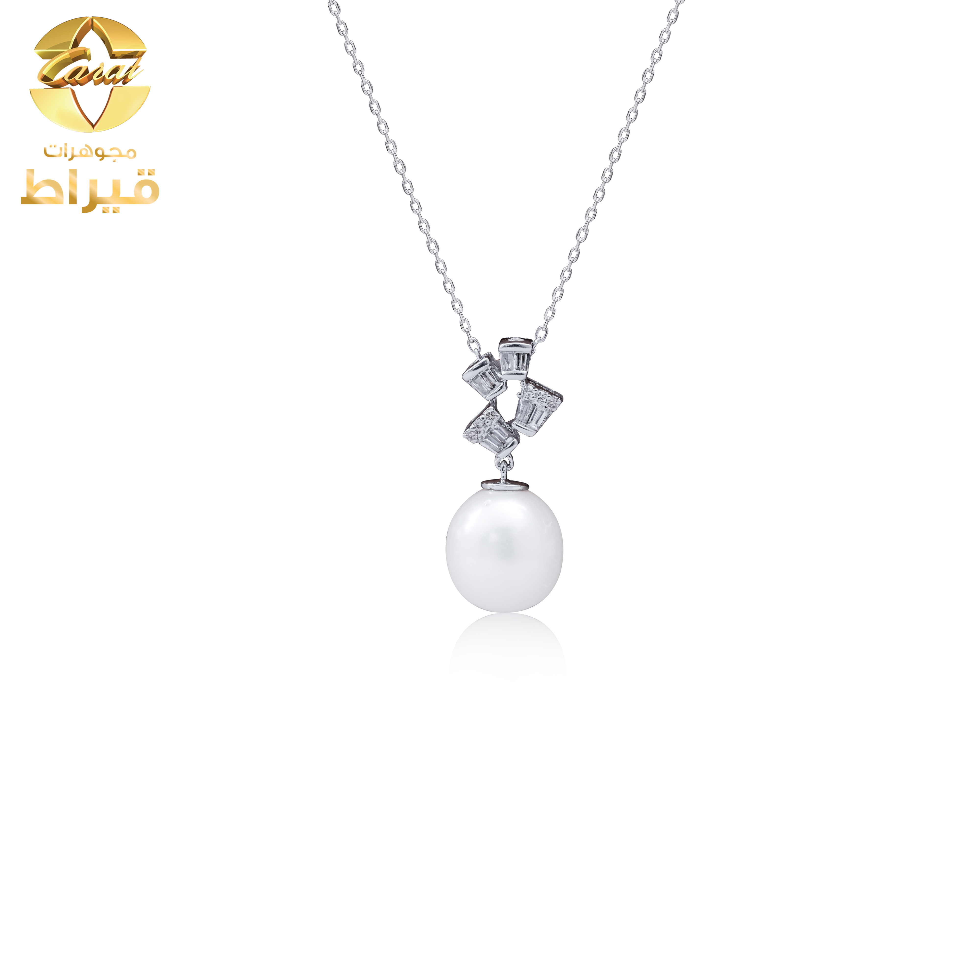 مجوهرات - ذهب - عقد ذهب ابيض مع الماس و لؤلؤ زراعي عيار 18