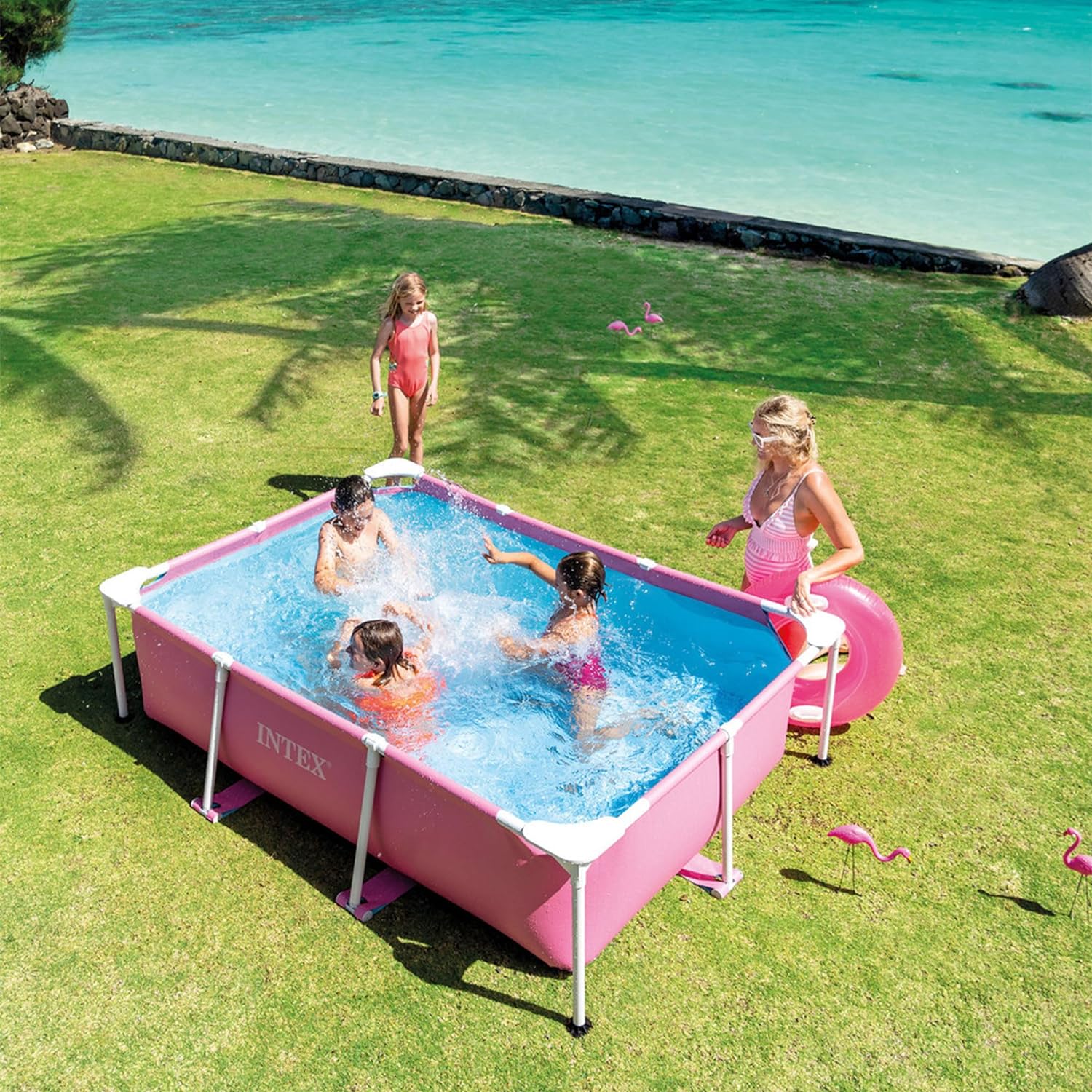 Backyard Rectangular Frame Above Ground Pool with Double Section Outlet Anchors, Intex Only Pool, Pink, 2.2m x 150cm 