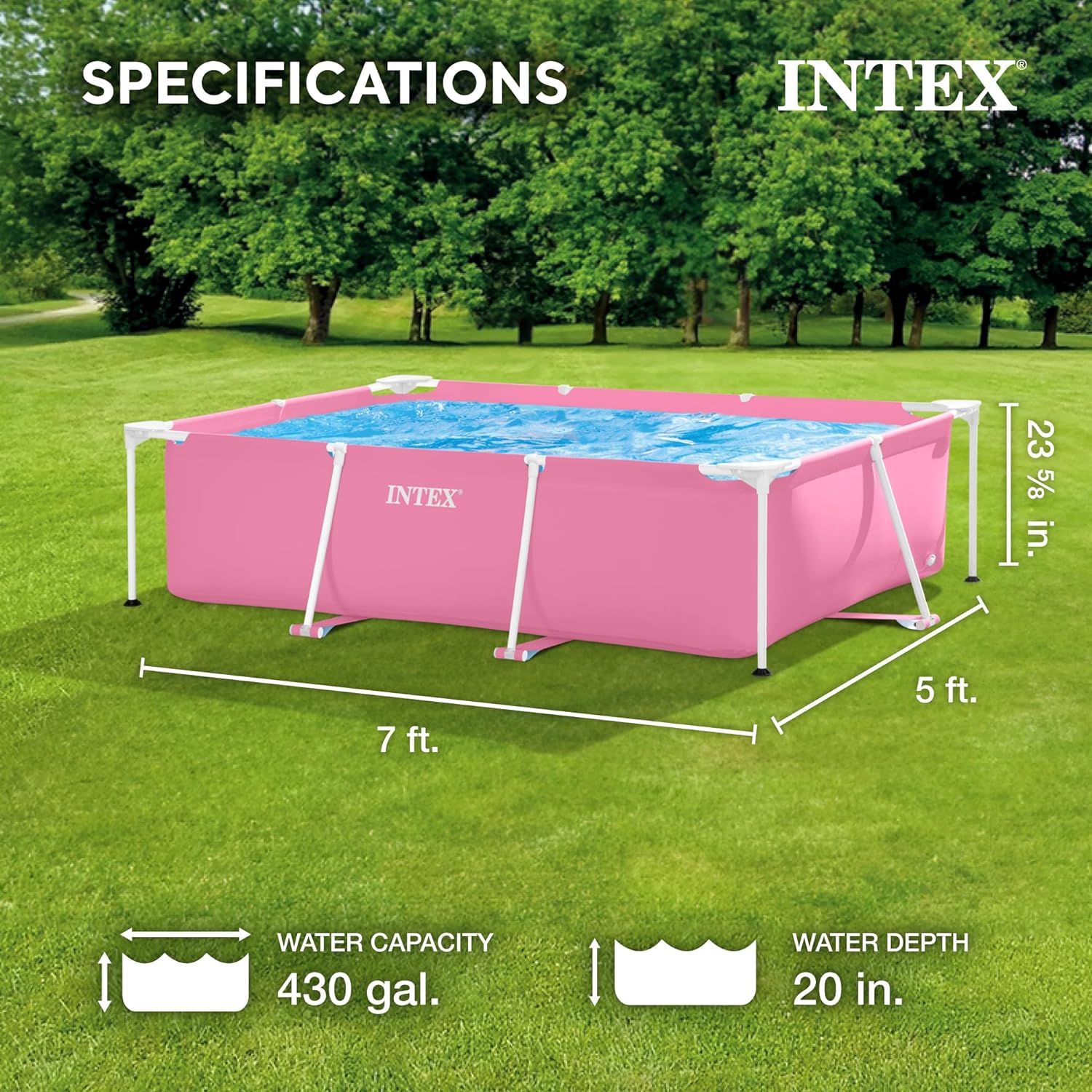  Backyard Rectangular Frame Above Ground Pool with Double Section Outlet Anchors, Intex Only Pool, Pink, 2.2m x 150cm 