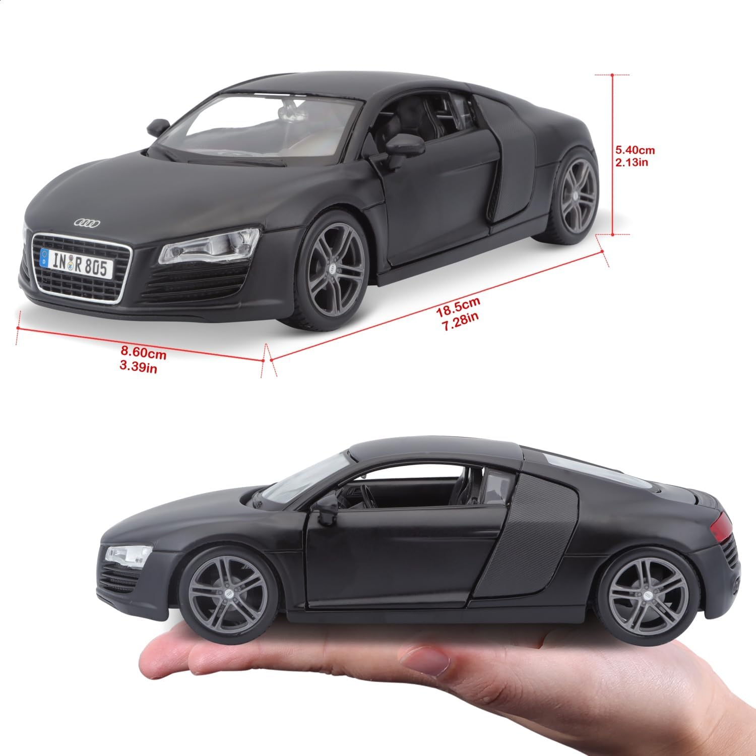  سيارة أودي R8 نموذج مصبوب من المعدن من مايستو، إصدار خاص بمقياس 1:24 - أسود مطفي 