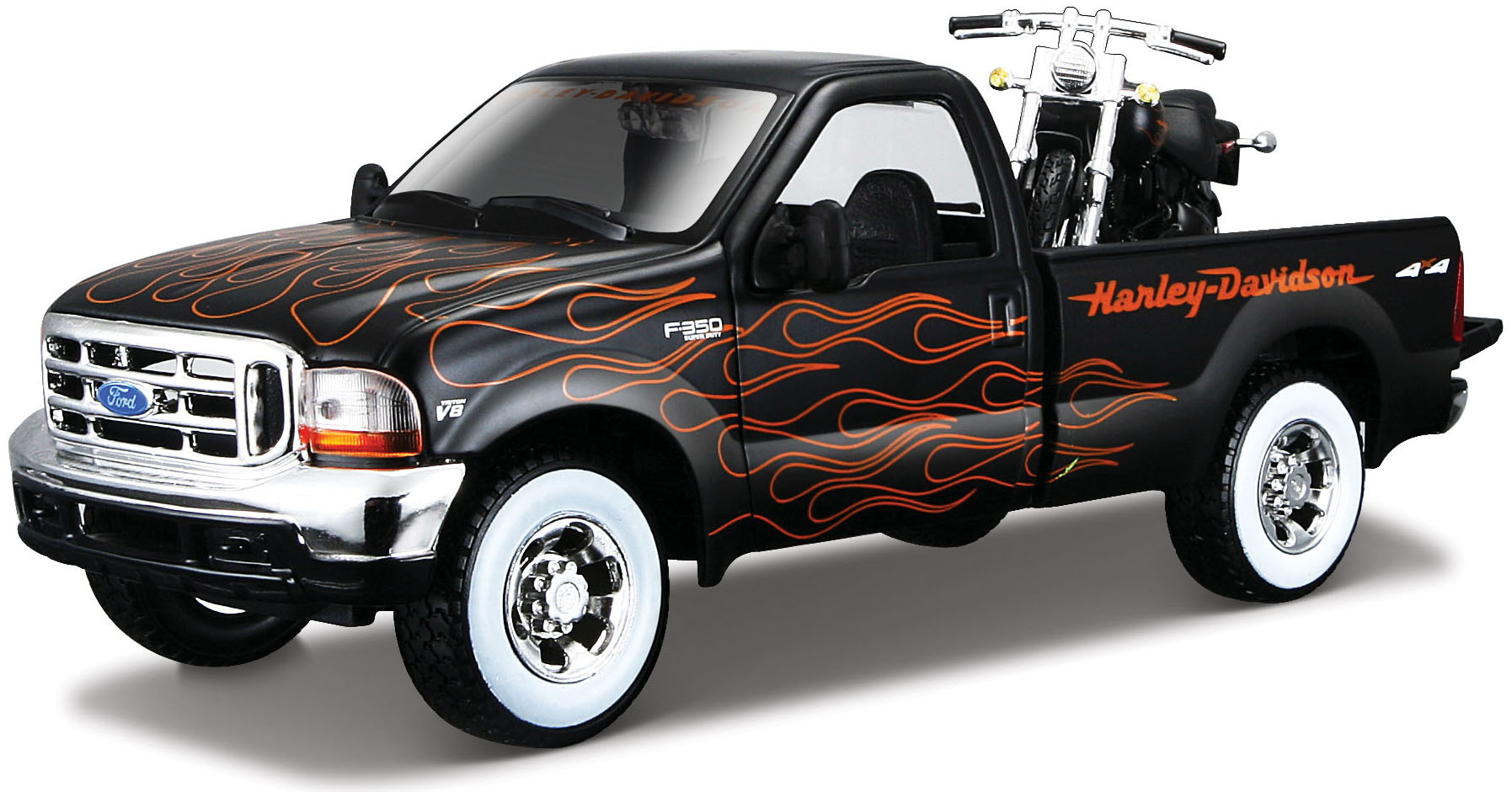  سيارة هارلي-ديفيدسون فورد F-350 سوبر ديوتي بيك أب موديل 1999 من مايستو بمقياس 1:24 مع دراجة نارية نايت ترين FXSTB موديل 2002 