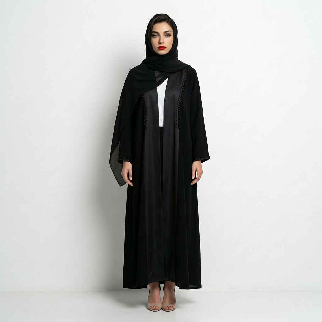  عباية باللون الأسود كريب مع تداخل تفته مزينة بشك راقٍ موديل لف 