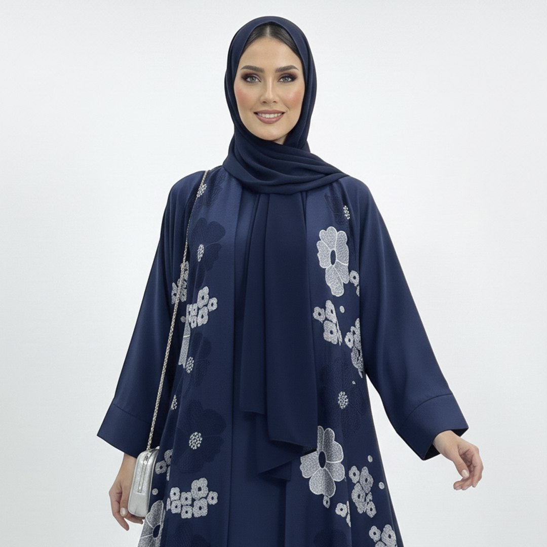  عباية باللون الكحلي موديل كلوش مزينة بتطريز 