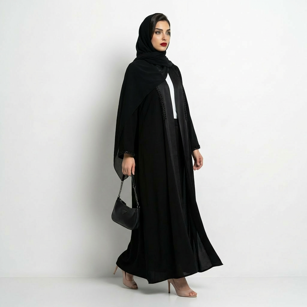  عباية باللون الأسود كريب مع تداخل تفته مزينة بشك راقٍ موديل لف 