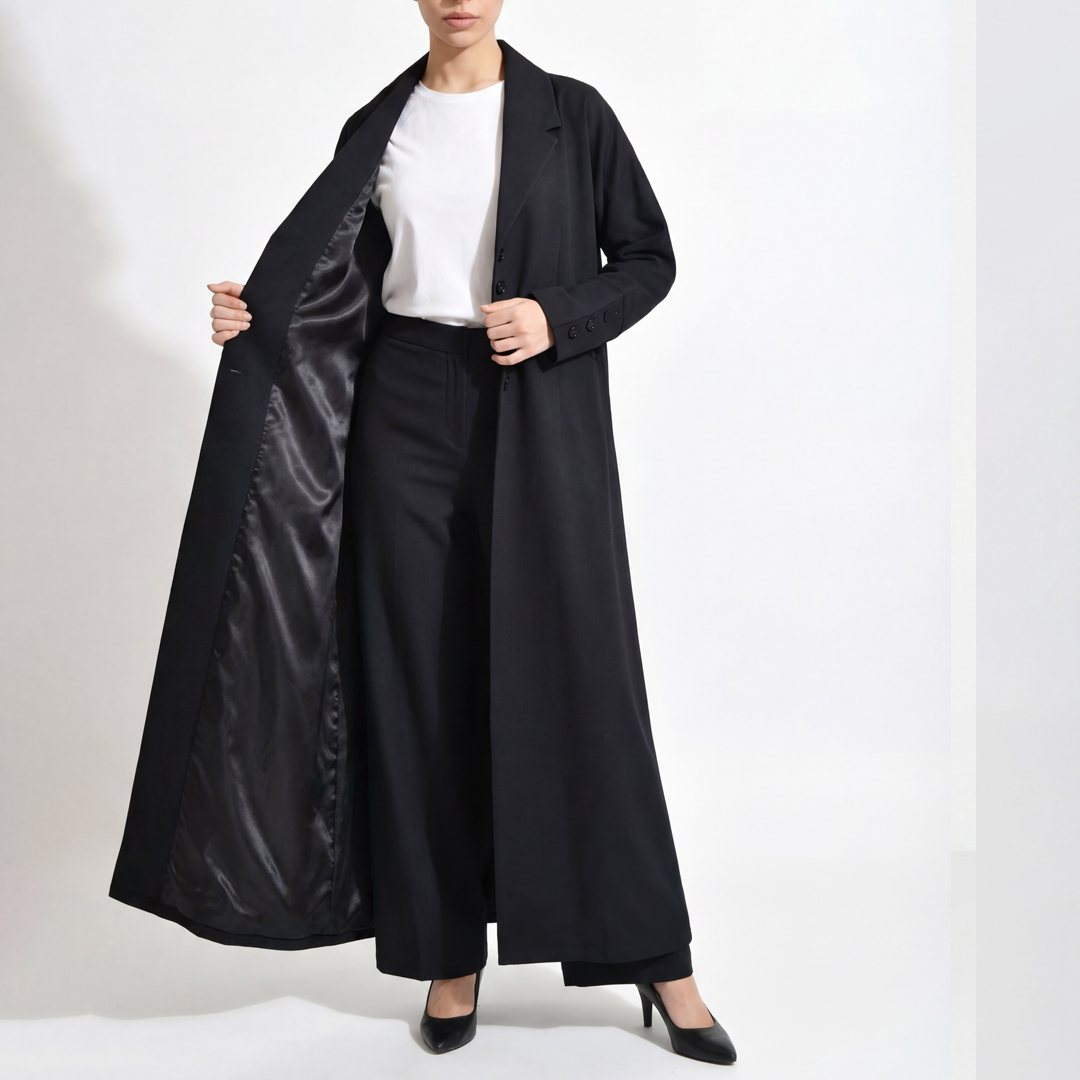  بليزر اسود بقصّة مستقيمة وياقة كلاسيكية – تصميم Minimal Luxury 