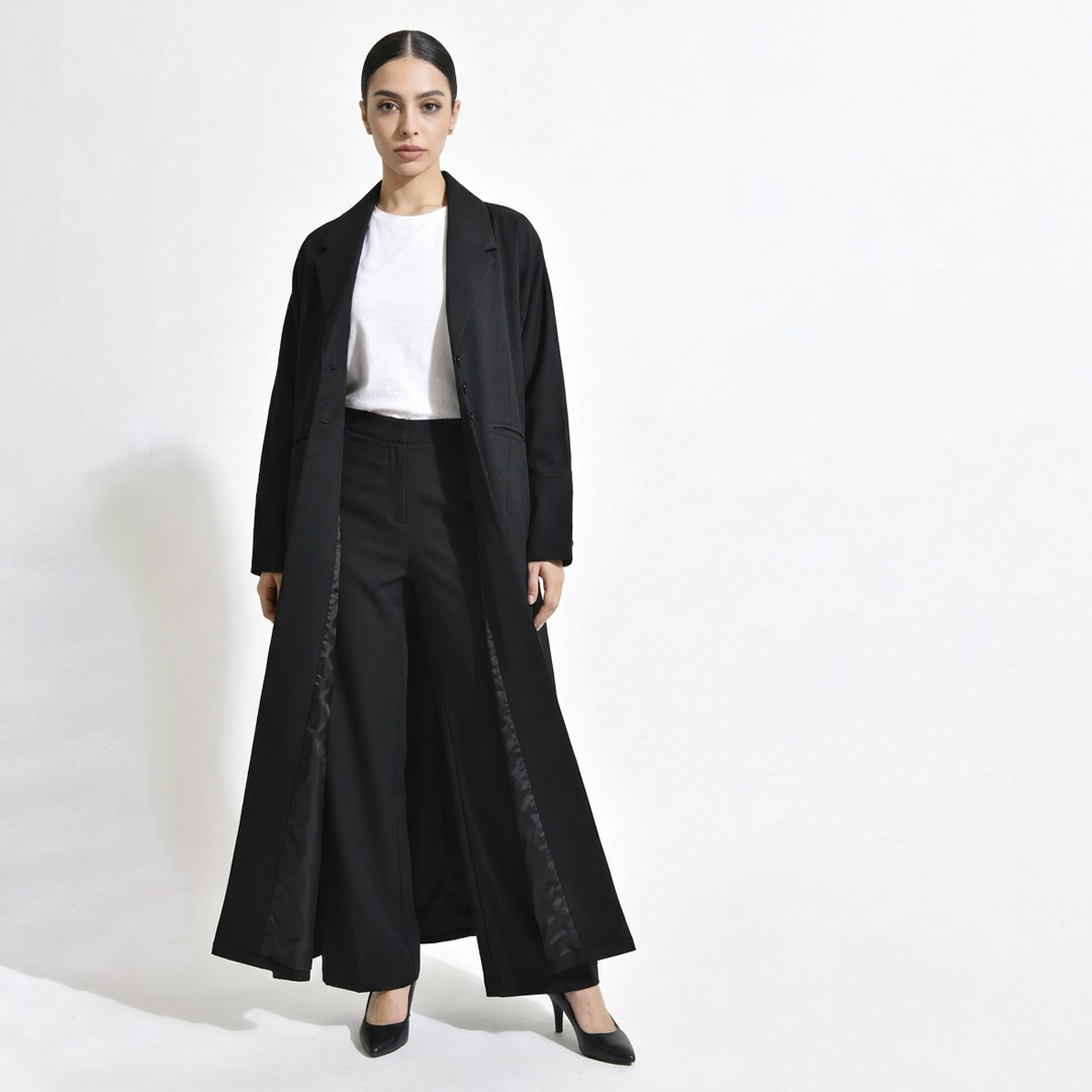  بليزر اسود بقصّة مستقيمة وياقة كلاسيكية – تصميم Minimal Luxury 
