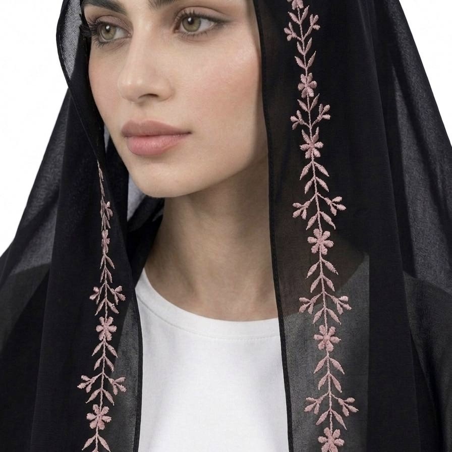  طرحة باللون الاسود مزينة بتطريز زهري 