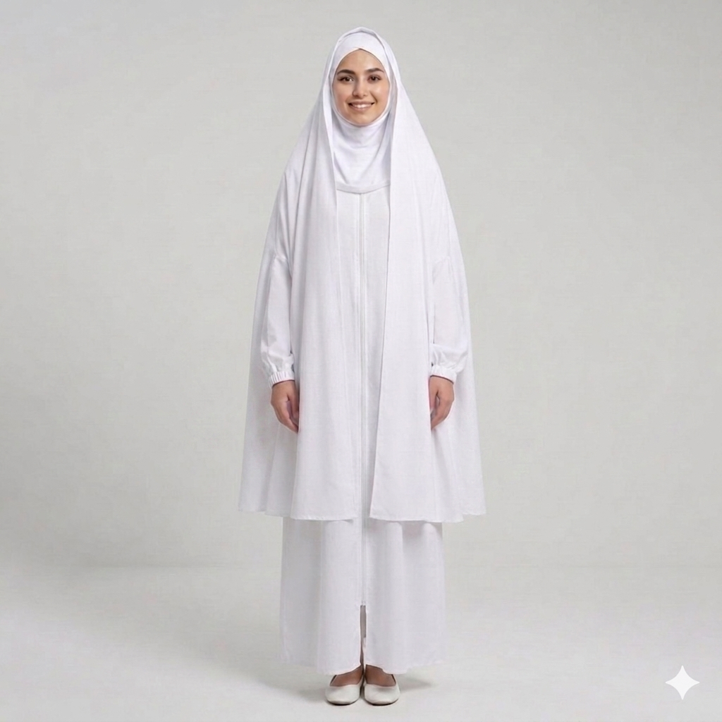  عباية الحج والعمرة بثلاث قطع ( عباية كتف مغلقة بسحاب مع شادر بمطاط مع طرحة) 
