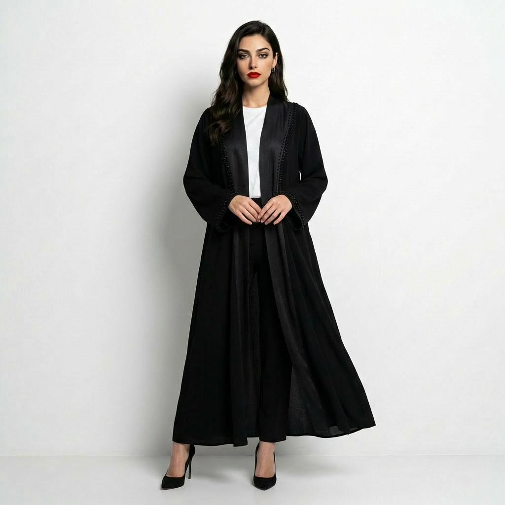  عباية باللون الأسود كريب مع تداخل تفته مزينة بشك راقٍ موديل لف 