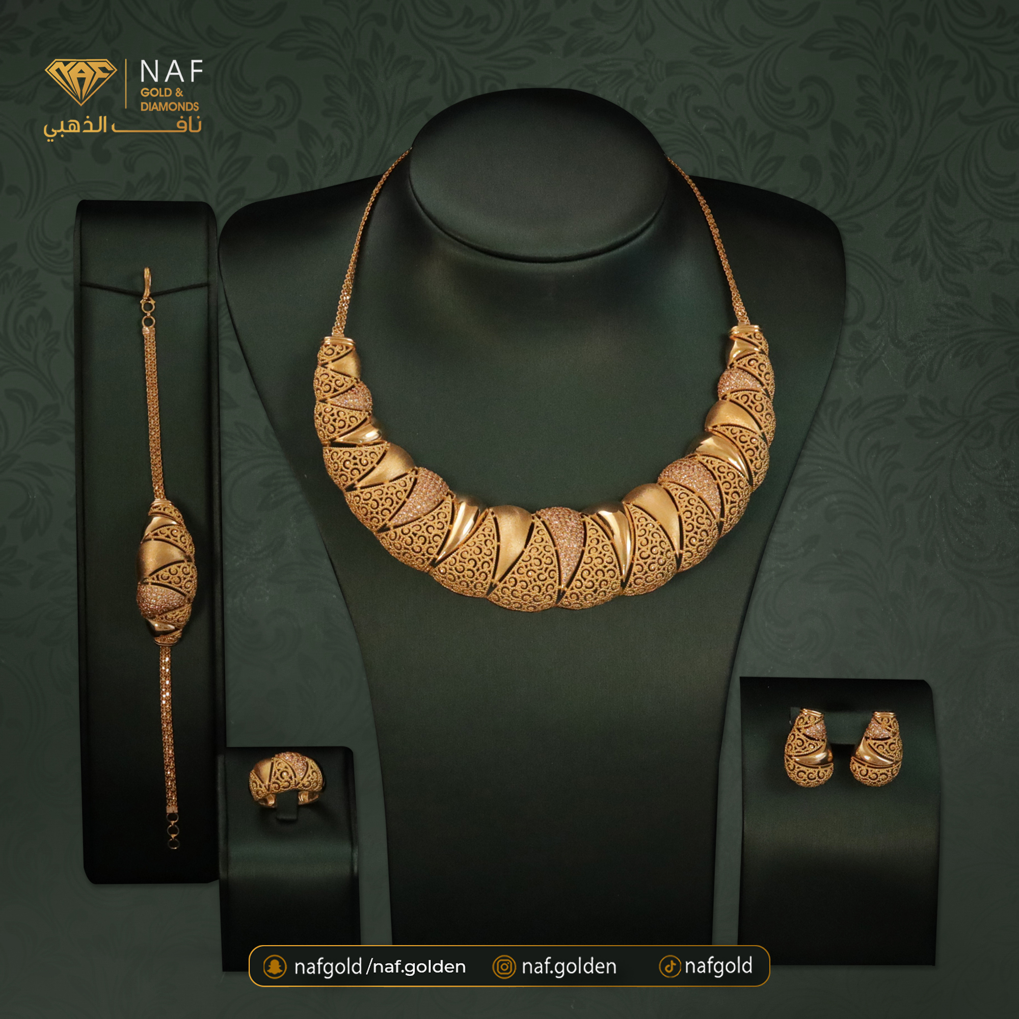 Gold jewelry set including necklace, bracelet, and earrings