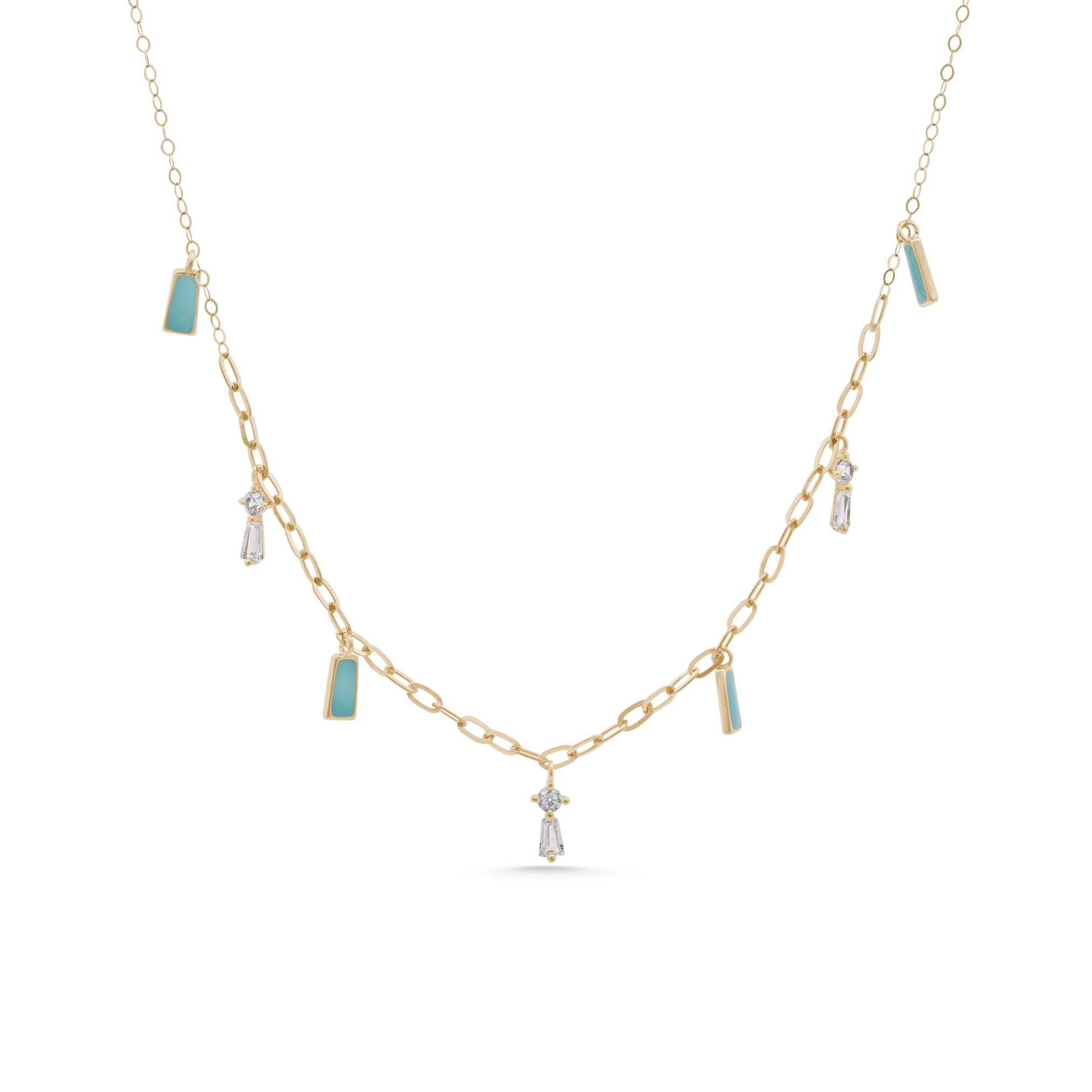Gold necklace with blue stones and pendants