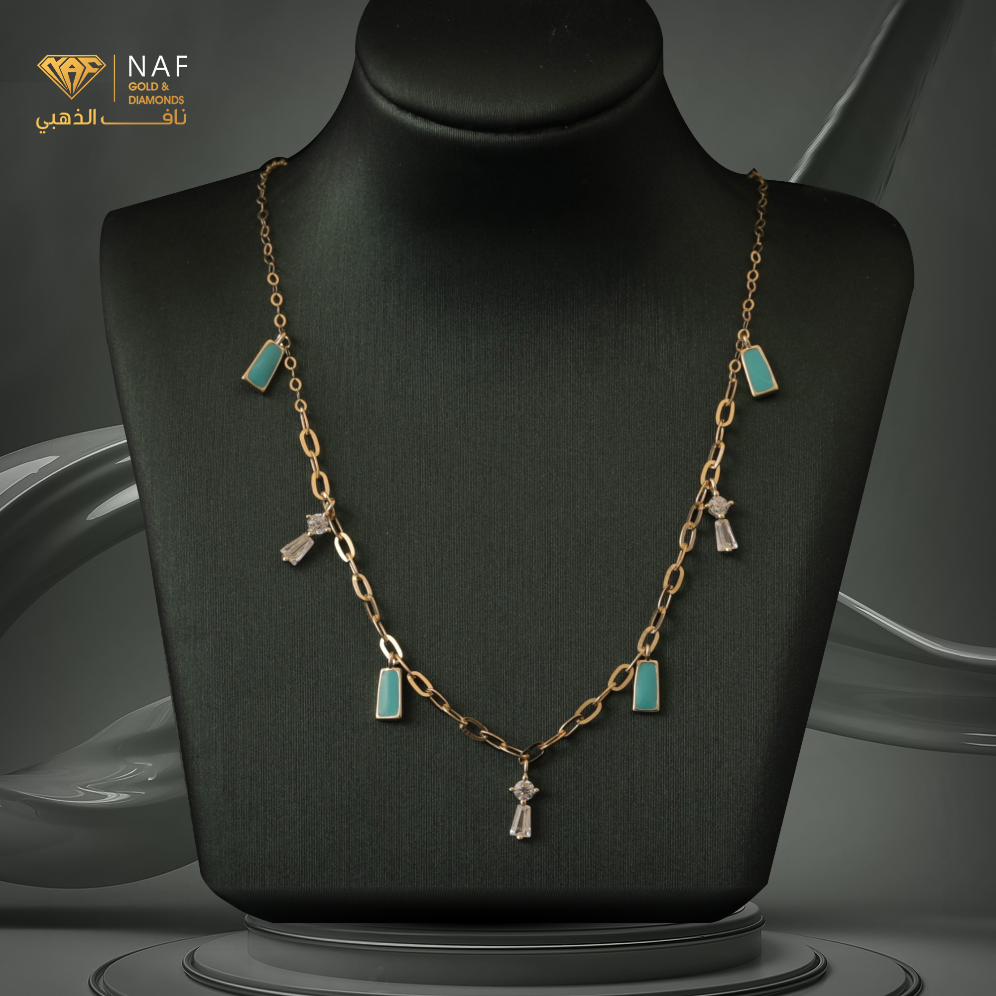 Circular gold necklace with blue shiny stones