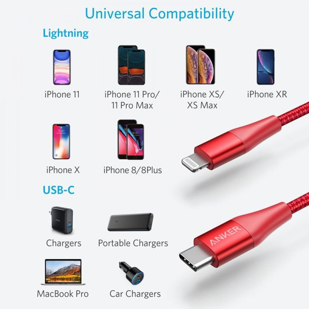 كيبل USB إلى لايتنينج انكر باور لاين بلس2 ، طول 90 سم، احمر 