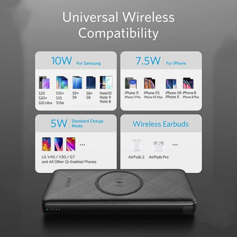 شاحن متنقل انكر باوركور الاصدار الثالث لاسلكي سعة 10000 ملي امبير مع منفذين USB و PD شحن سريع - اسود