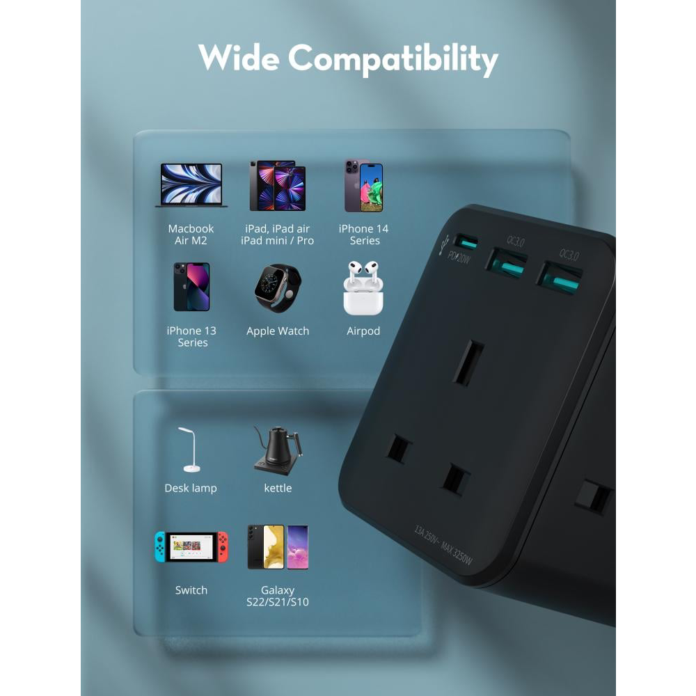 راف باور - شاحن جداري بايونير 3 مداخل طاقه ثلاثيه مع منفذين USB ومنفذ تايب سي بتقنية PD بقوة 20 واط - اسود