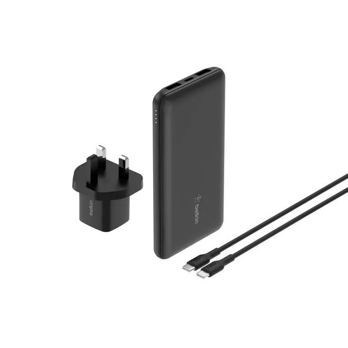 باقة Belkin BoostCharge – باور بانك 10K + شاحن جداري 25W + كابل USB-C وحقيبة سفر