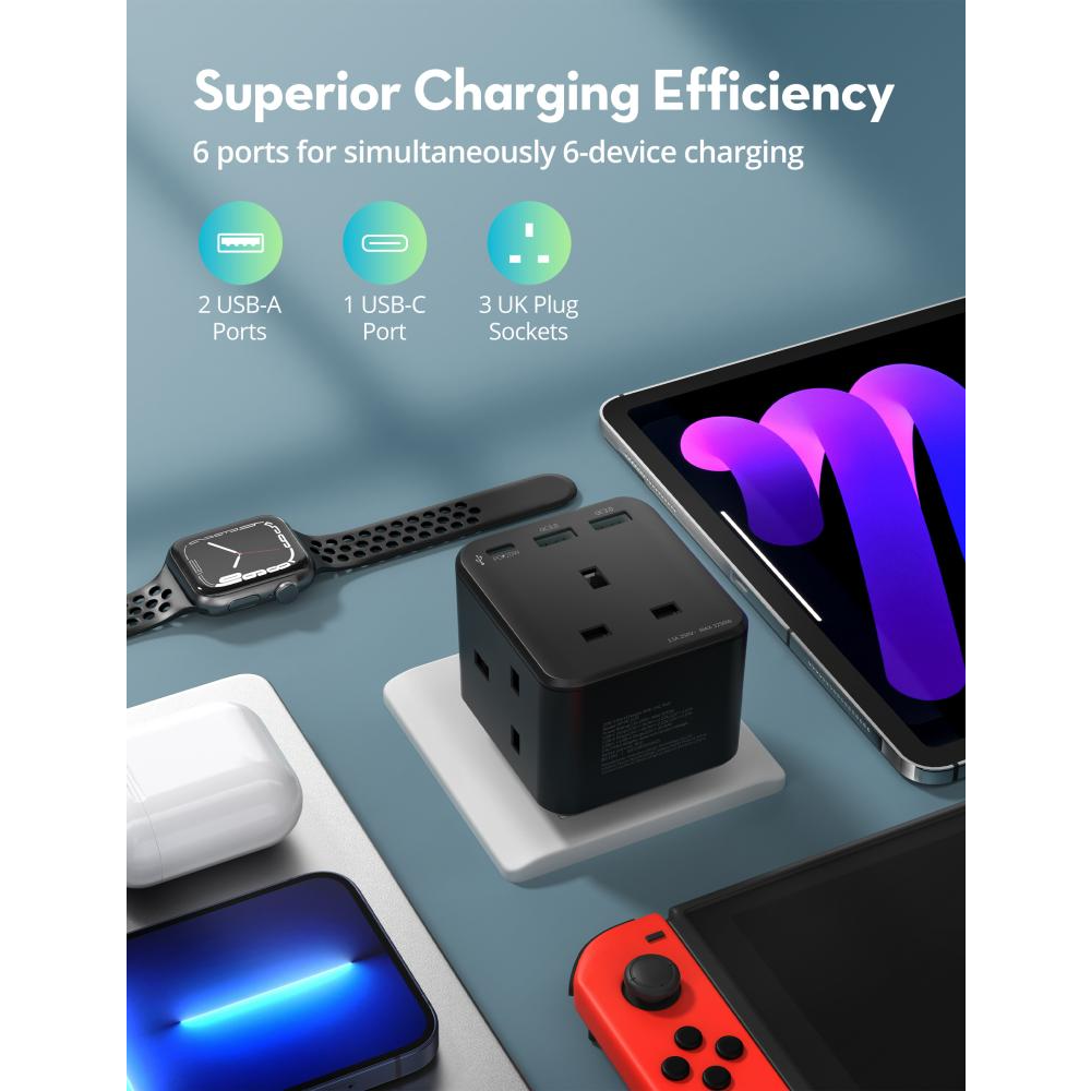 راف باور - شاحن جداري بايونير 3 مداخل طاقه ثلاثيه مع منفذين USB ومنفذ تايب سي بتقنية PD بقوة 20 واط - اسود
