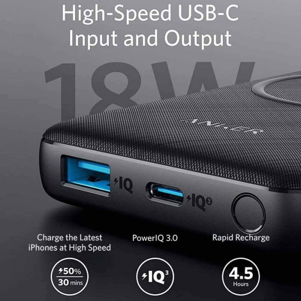 شاحن متنقل انكر باوركور الاصدار الثالث لاسلكي سعة 10000 ملي امبير مع منفذين USB و PD شحن سريع - اسود