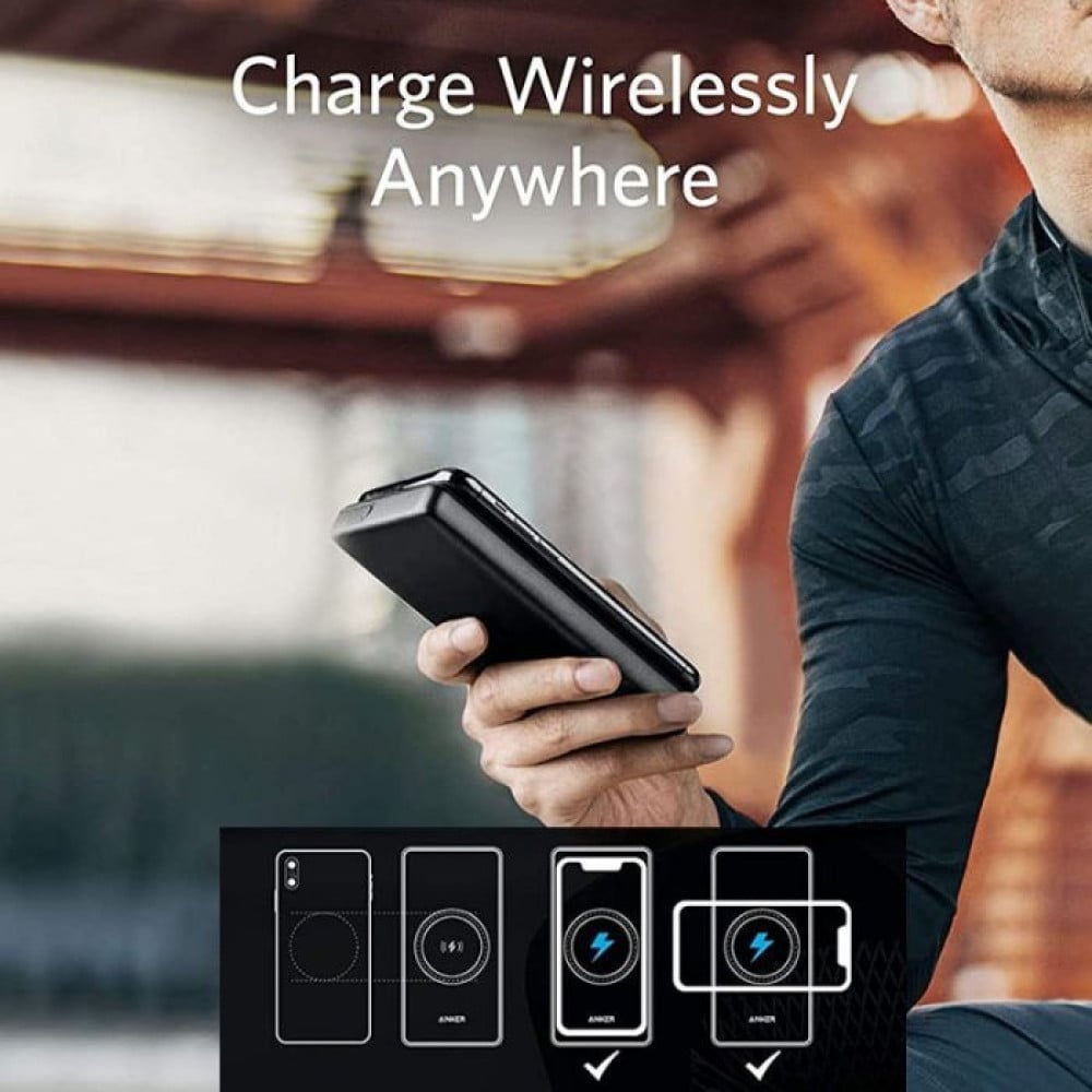 شاحن متنقل انكر باوركور الاصدار الثالث لاسلكي سعة 10000 ملي امبير مع منفذين USB و PD شحن سريع - اسود