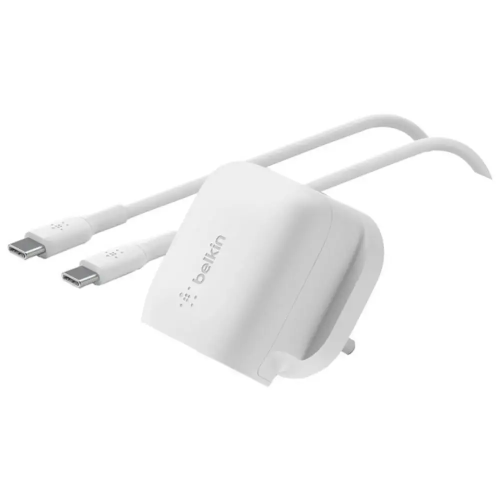 شاحن حائط Belkin بقوة 20 وات مع كابل تايب سي تو تايب سي باللون الأبيض