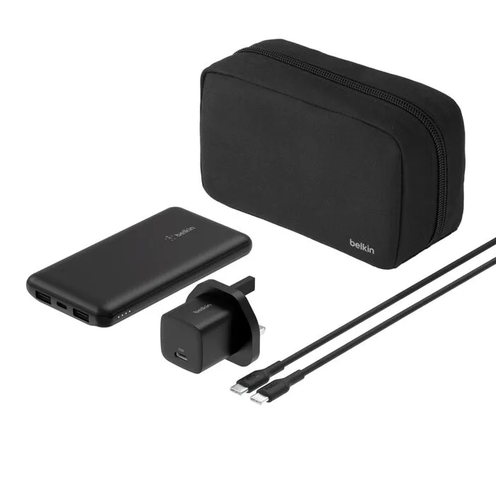 باقة Belkin BoostCharge – باور بانك 10K + شاحن جداري 25W + كابل USB-C وحقيبة سفر