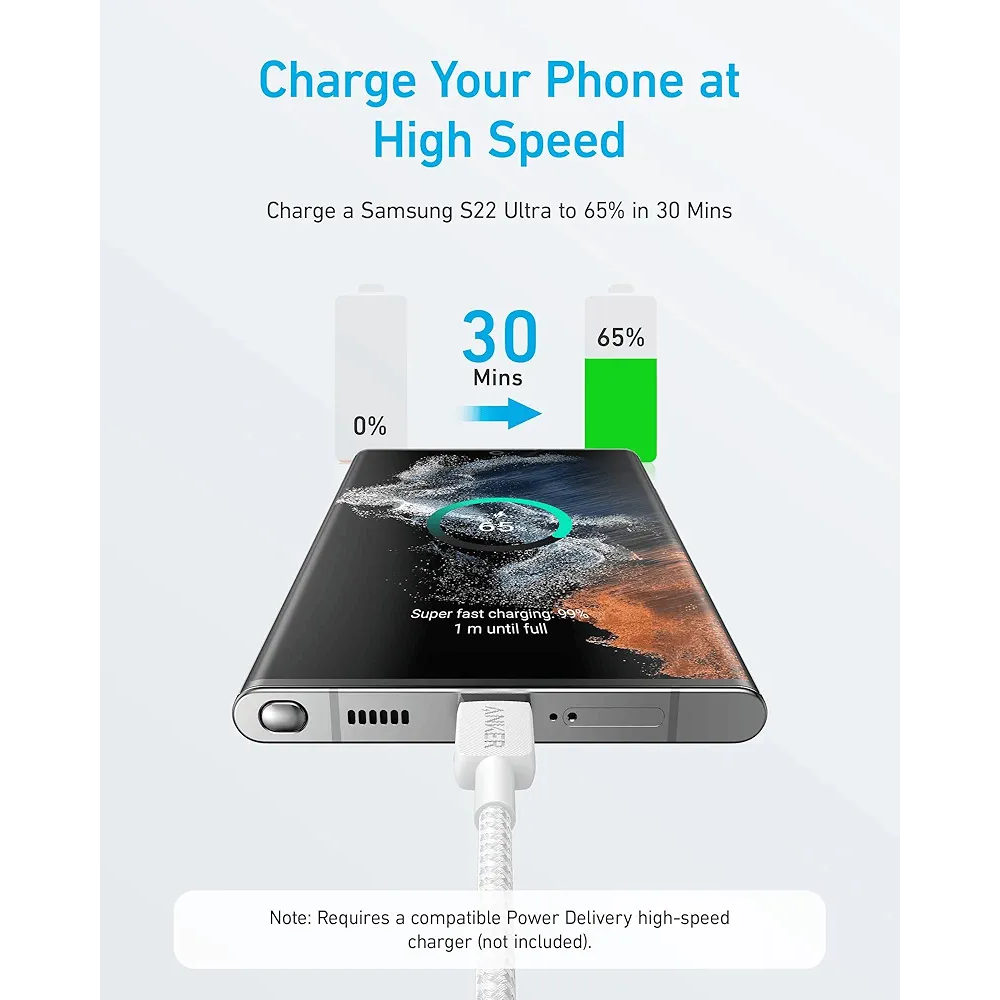 كيبل أنكر USB-C إلى USB-C أبيض بطول 1 متر يدعم الشحن السريع حتى 60 واط