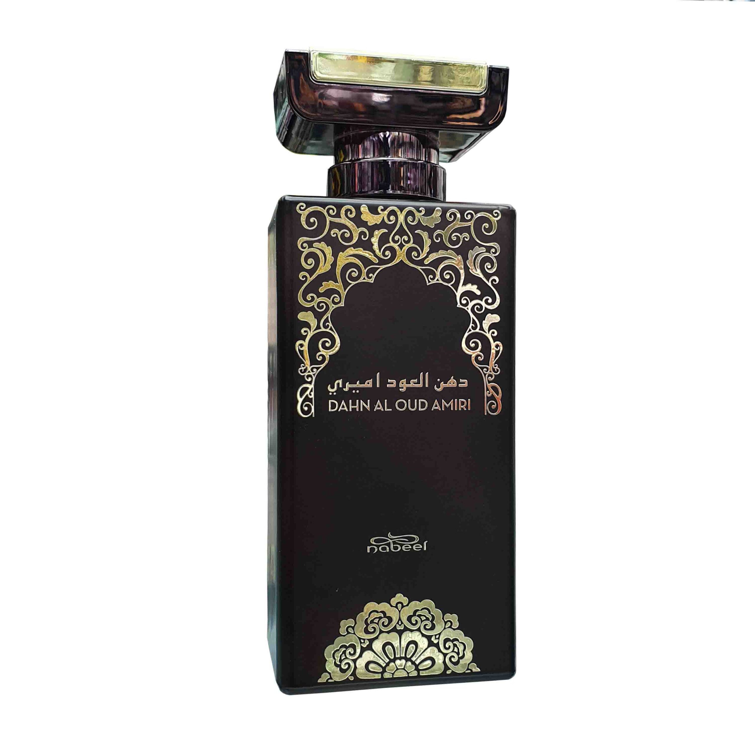 دهن العود أميري من النبيل للعطور عطر في زجاجة سوداء مزينة بنقوش ذهبية وعلبة سوداء مطابقة