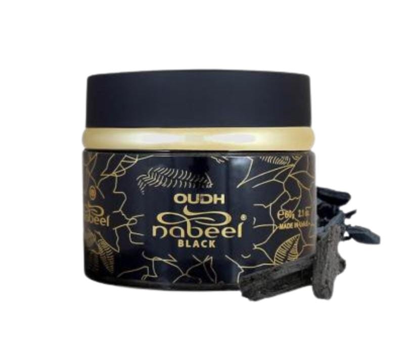 بخور النبيل الأسود 60 غرام المبارك للعطور بخور علبة سوداء مزخرفة بنقوش ذهبية مع قطع بخور