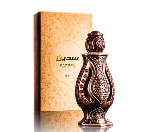 سدين دهن 15 مل مشعل عطرجي علبة ذهبية مزخرفة وقنينة دهن مزخرفة بزخارف عربية وأحجار حمراء