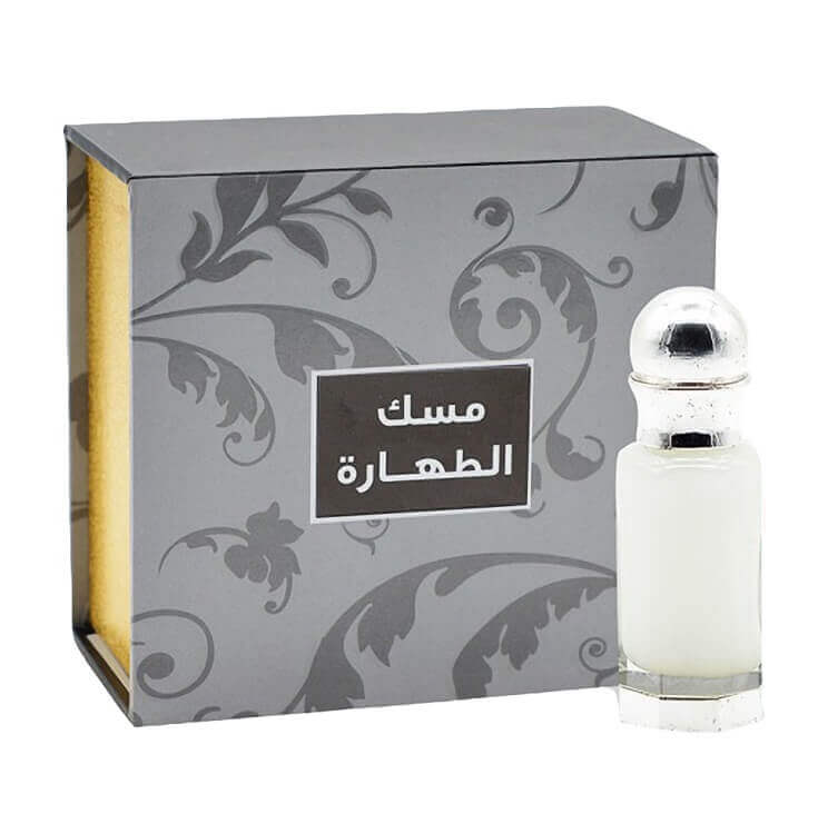 Musk Al Nukhba Al Abyad from Al Sinan Musk oil in an elegant glass bottle with a gray and silver decorated box